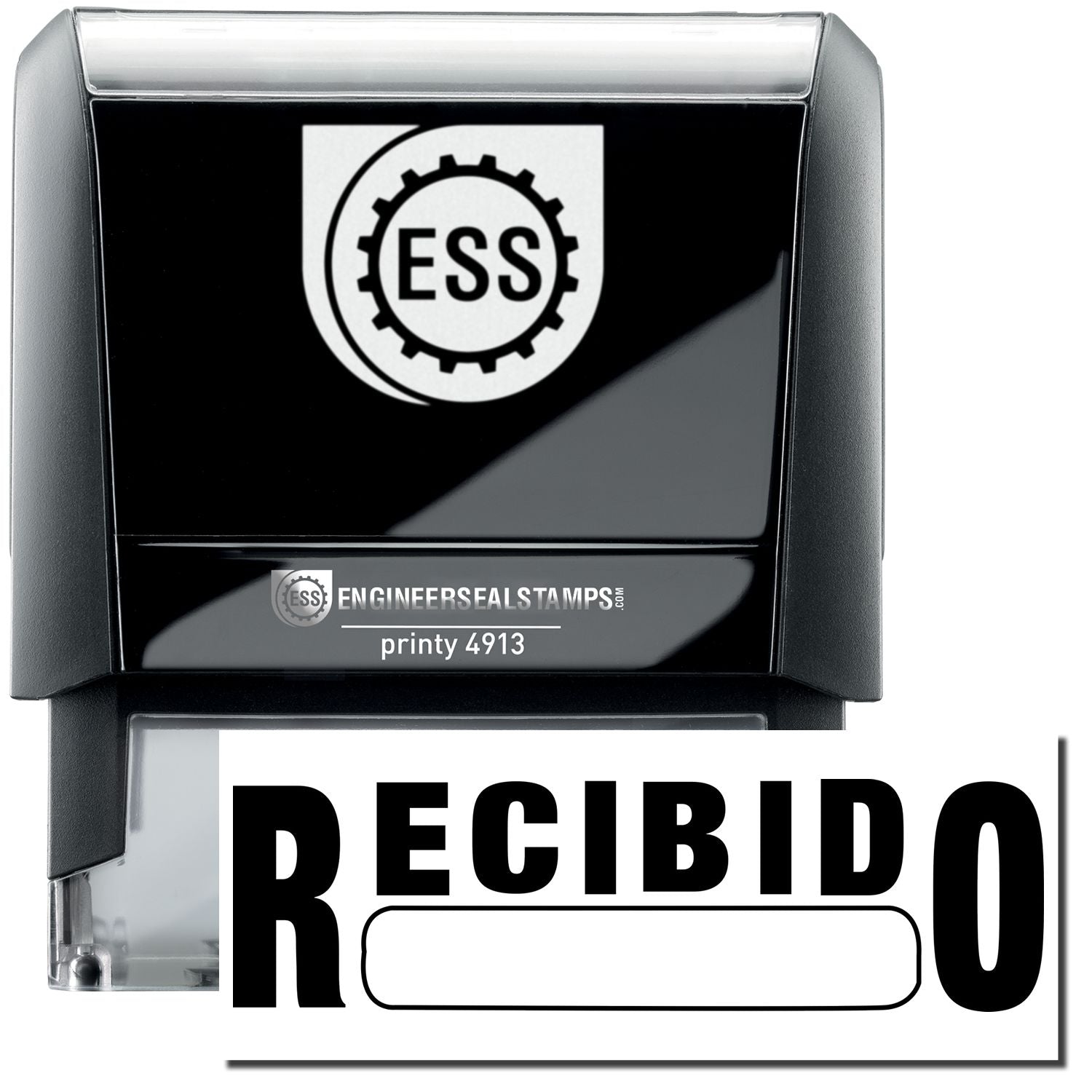 A self-inking stamp with a stamped image showing how the text RECIBIDO in a large font with a Box under it is displayed after stamping.