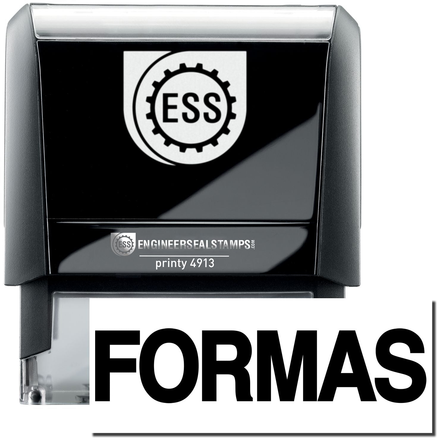 A self-inking stamp with a stamped image showing how the text FORMAS in a large font is displayed by it after stamping.