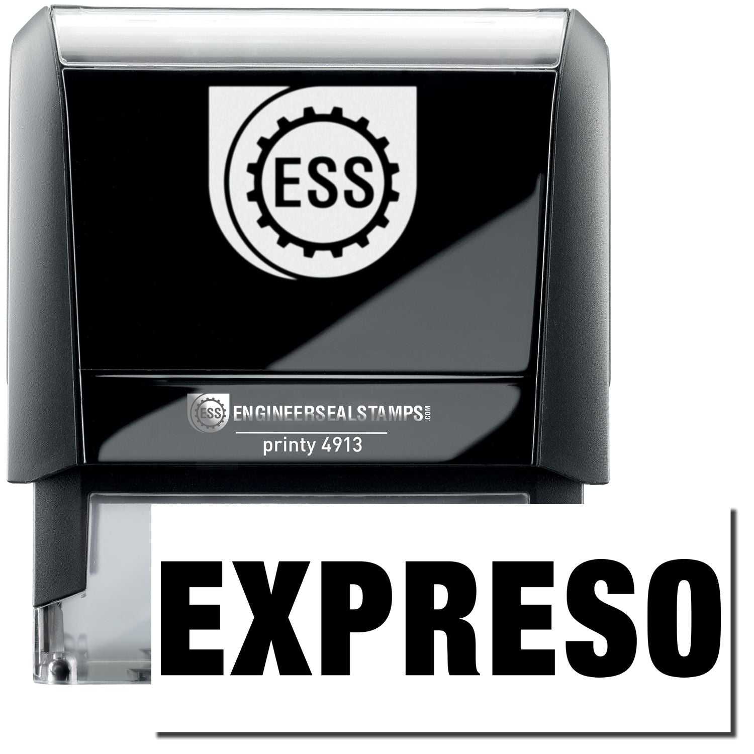 A self-inking stamp with a stamped image showing how the text EXPRESO in a large font is displayed by it after stamping.