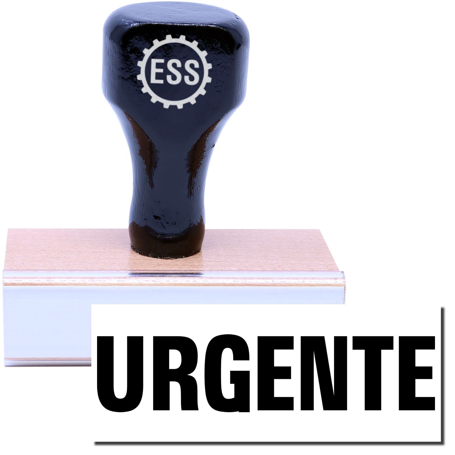 A stock office rubber stamp with a stamped image showing how the text "URGENTE" in a large font is displayed after stamping.