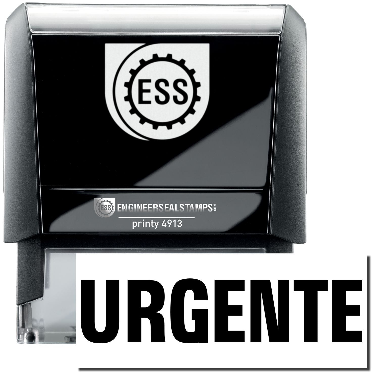 A self-inking stamp with a stamped image showing how the text URGENTE in a large font is displayed by it after stamping.