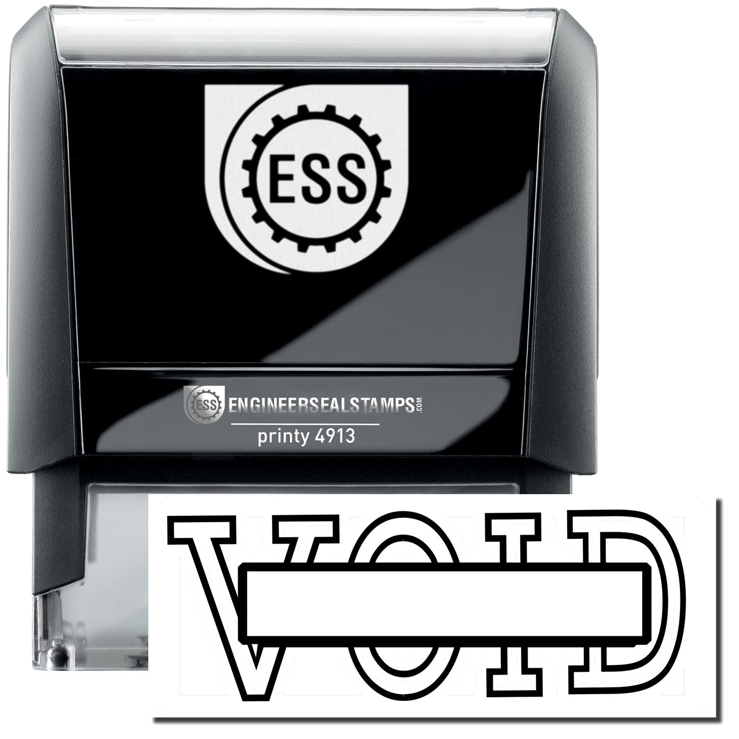 A self-inking stamp with a stamped image showing how the text VOID in a large outline style with a box on it is displayed after stamping.