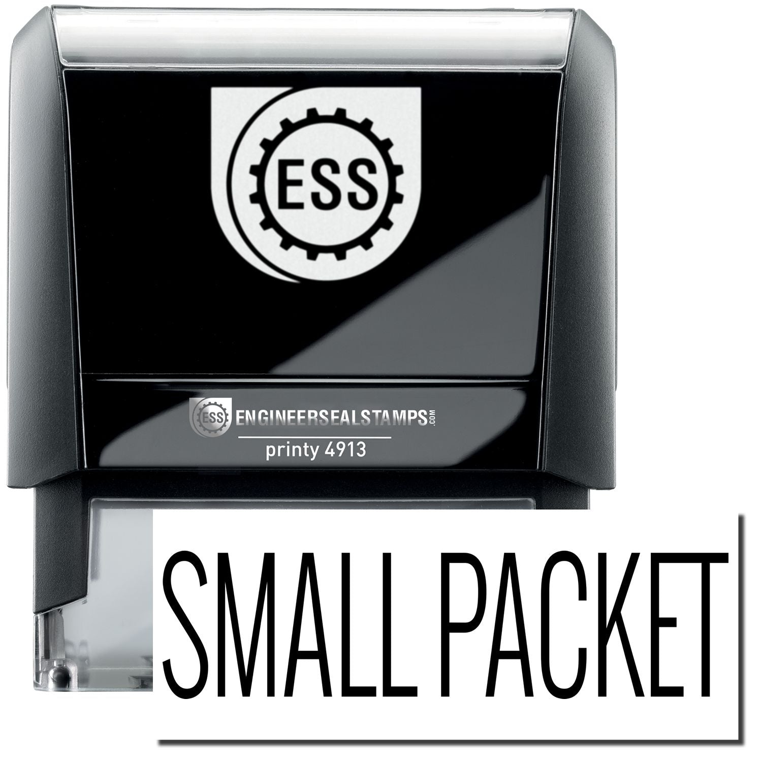 A self-inking stamp with a stamped image showing how the text "SMALL PACKET" in a large narrow font is displayed by it after stamping.