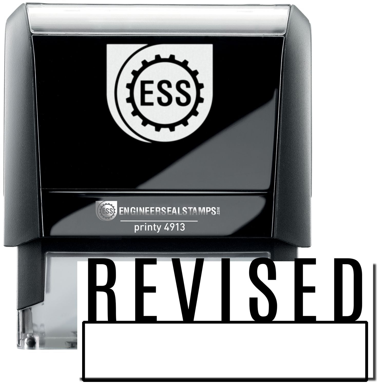 A self-inking stamp with a stamped image showing how the text REVISED in a large font with a Box under it is displayed after stamping.