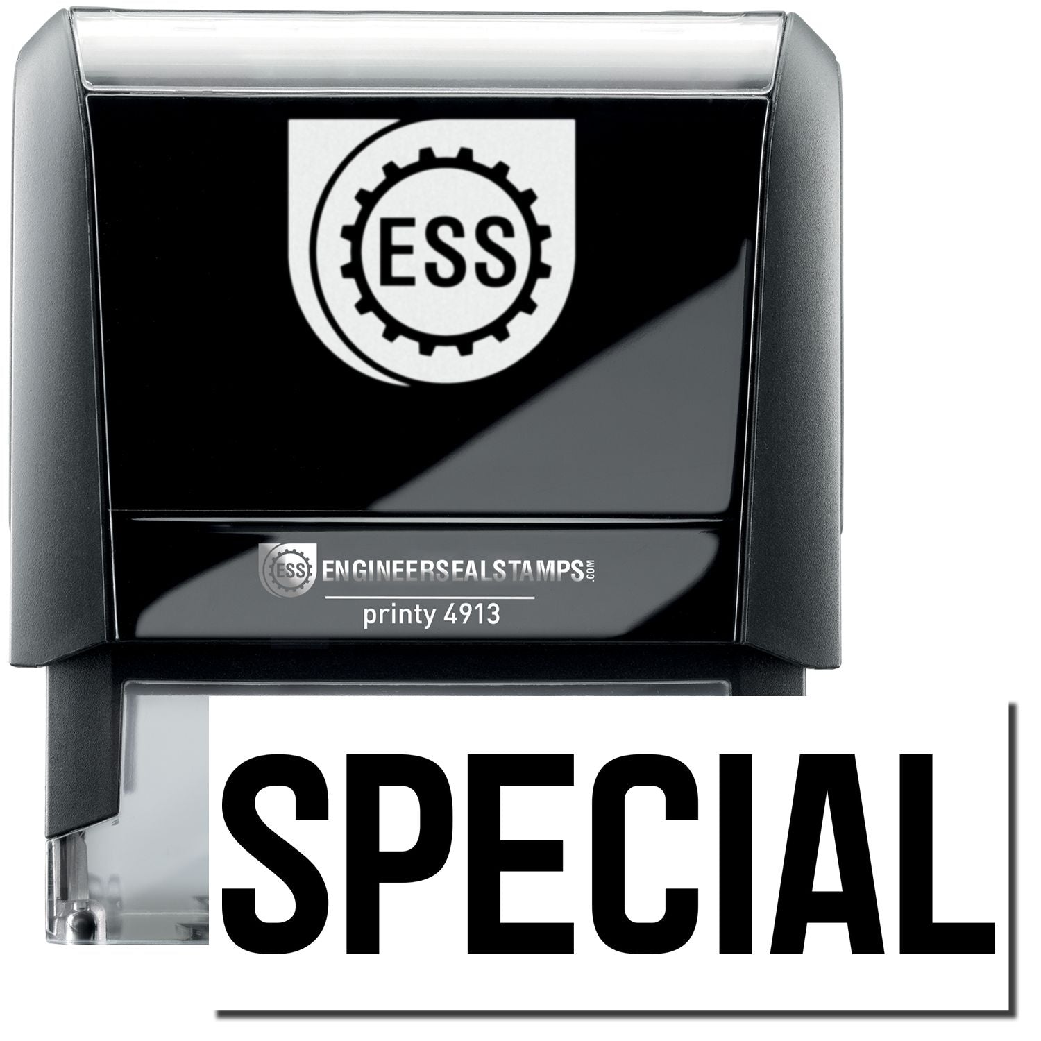 A self-inking stamp with a stamped image showing how the text SPECIAL in a large font is displayed by it after stamping.