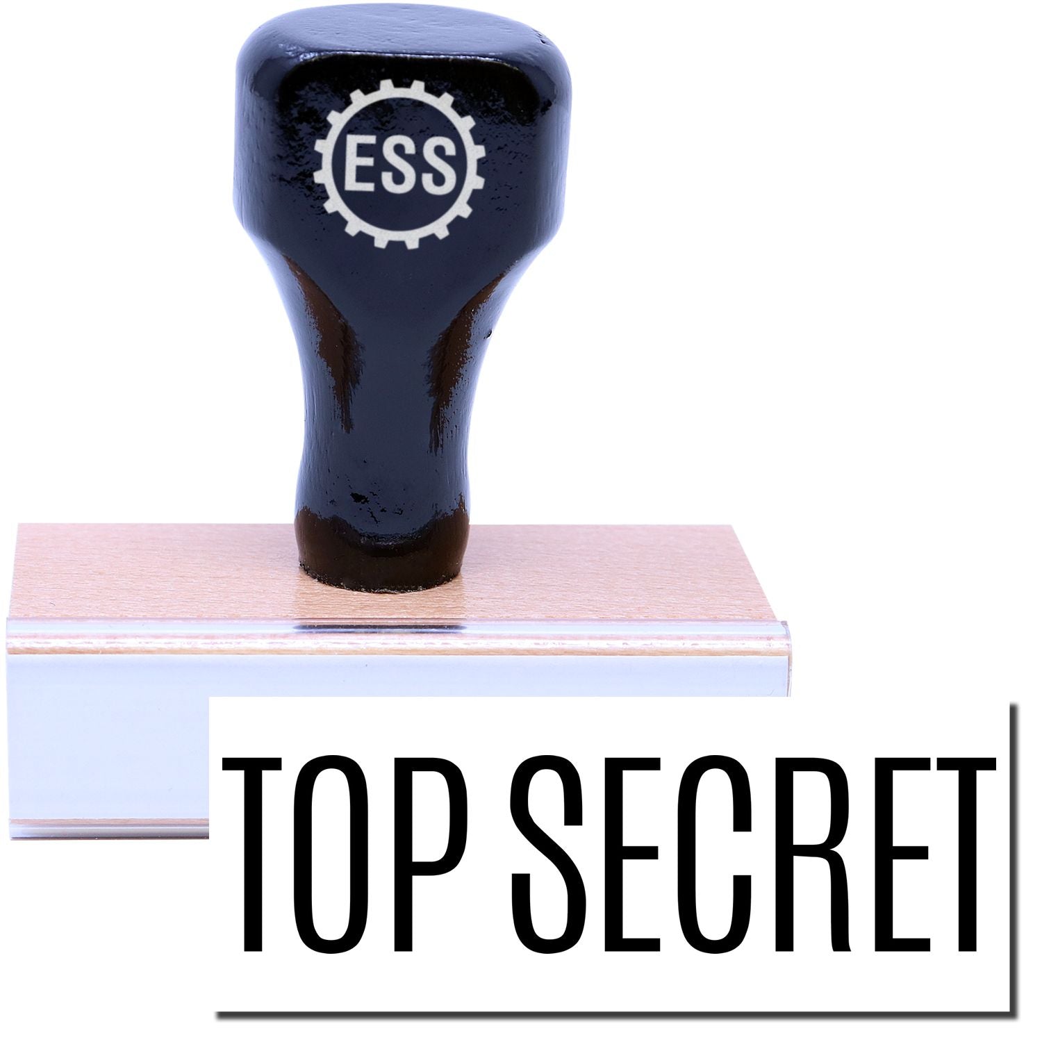 A stock office rubber stamp with a stamped image showing how the text TOP SECRET in a large font is displayed after stamping.