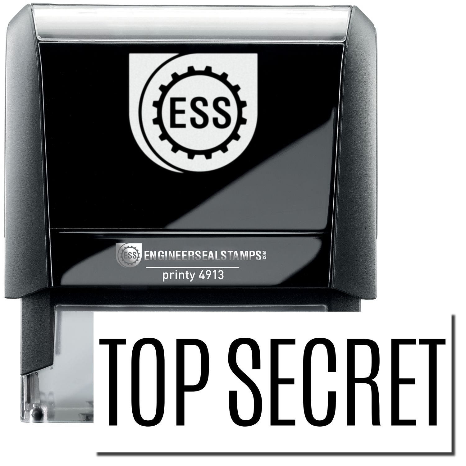 A self-inking stamp with a stamped image showing how the text TOP SECRET in a large font is displayed by it after stamping.