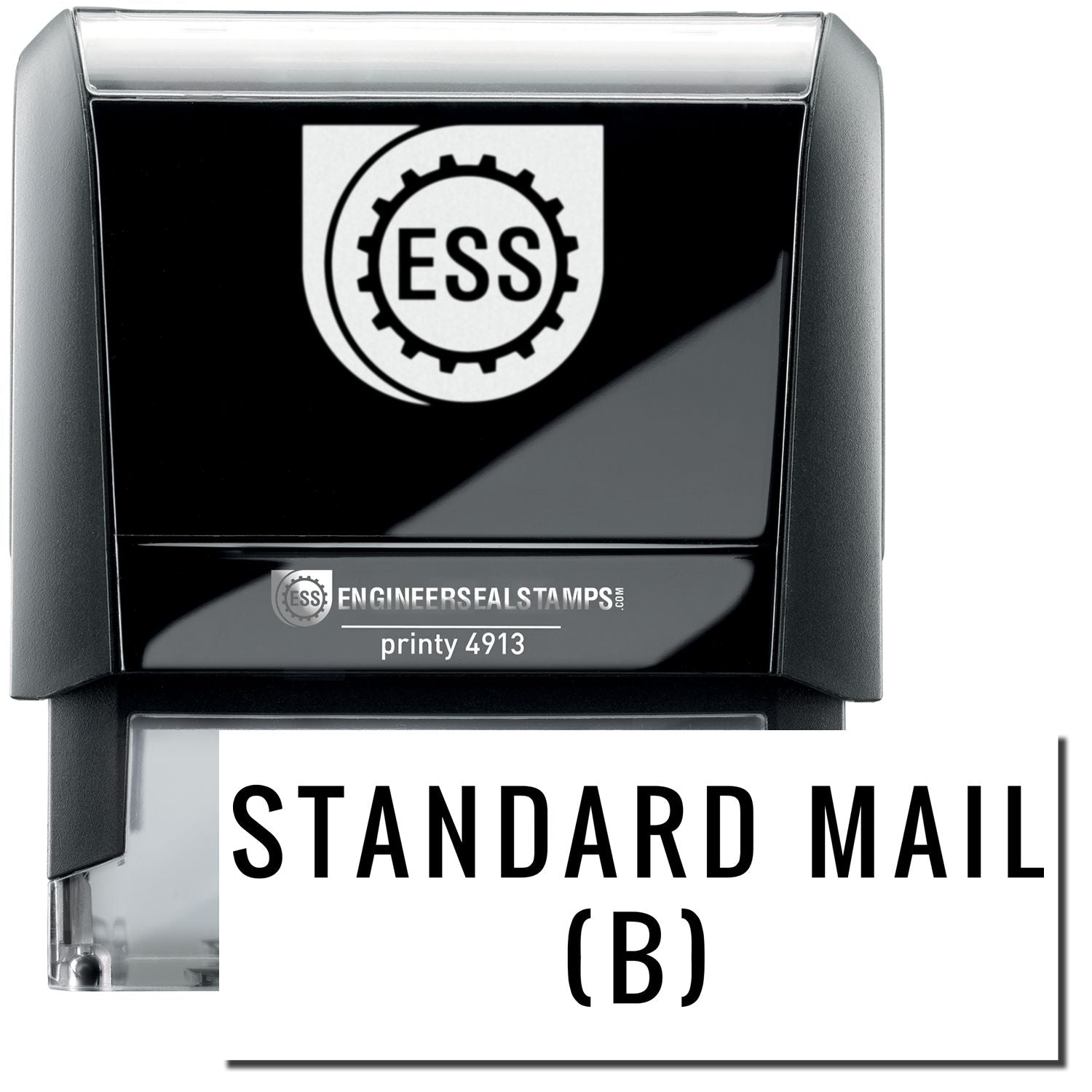 A self-inking stamp with a stamped image showing how the text STANDARD MAIL (B) in a large font is displayed by it after stamping.