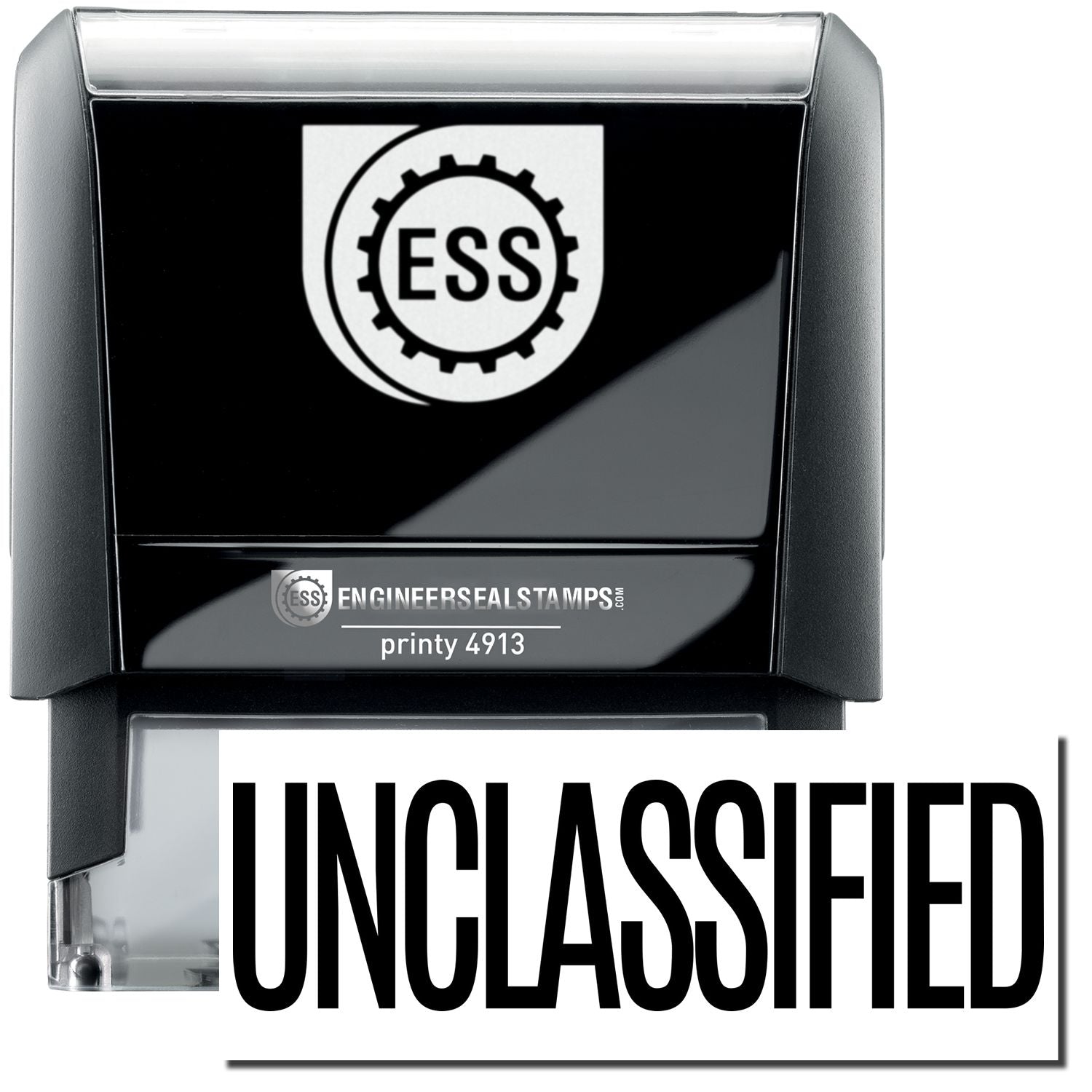 A self-inking stamp with a stamped image showing how the text UNCLASSIFIED in a large font is displayed by it after stamping.