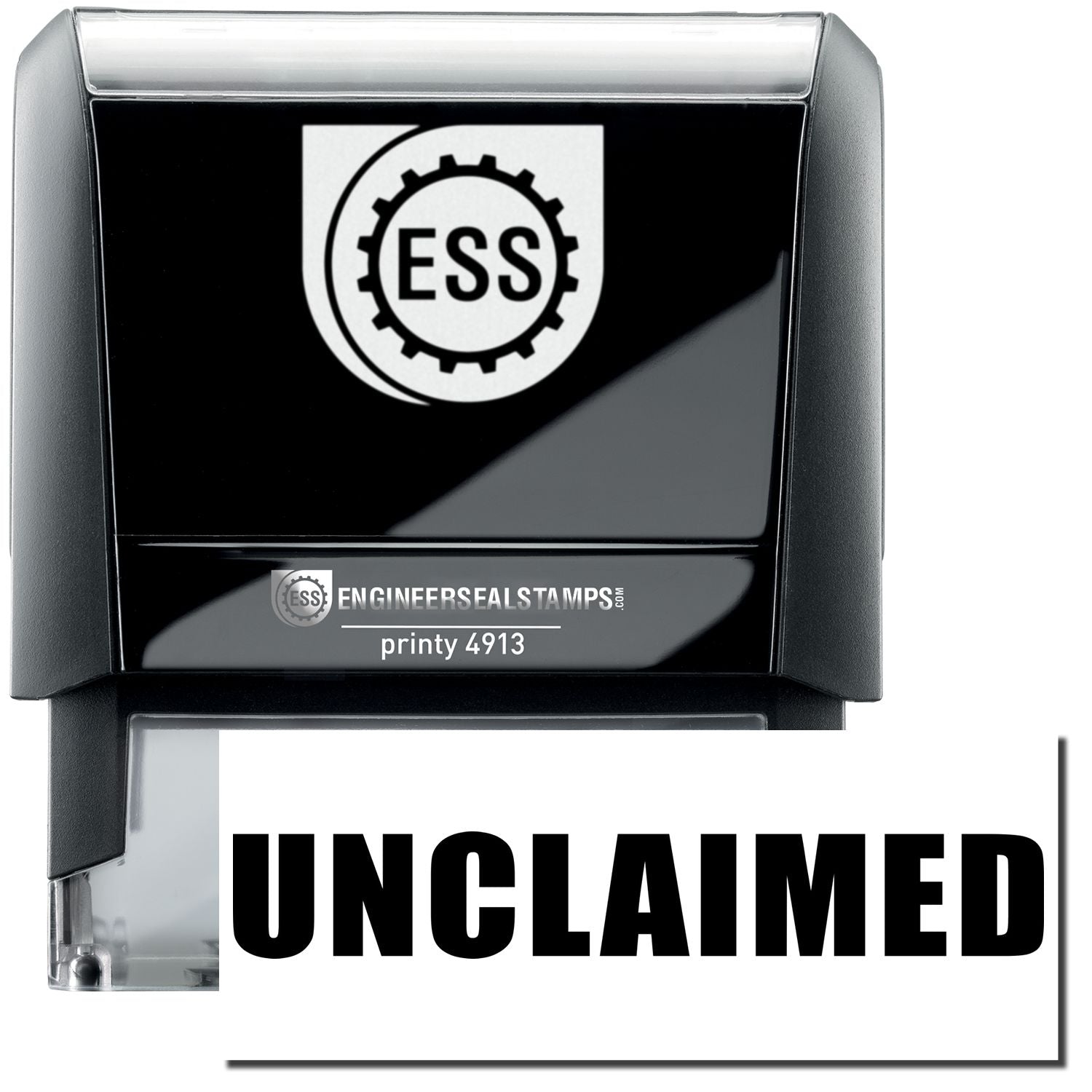 A self-inking stamp with a stamped image showing how the text UNCLAIMED in a large font is displayed by it after stamping.