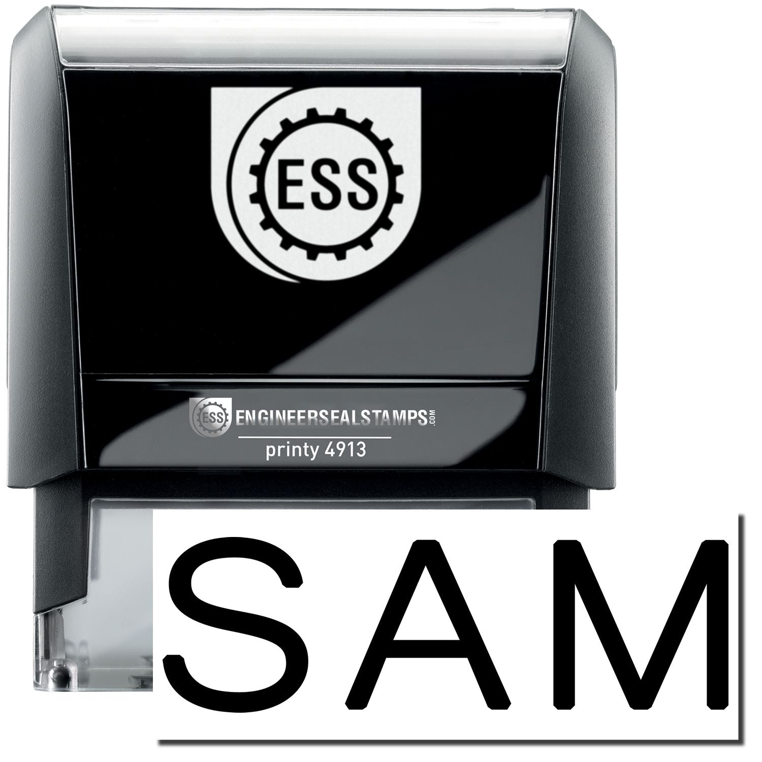 A self-inking stamp with a stamped image showing how the text SAM in a large font is displayed by it after stamping.