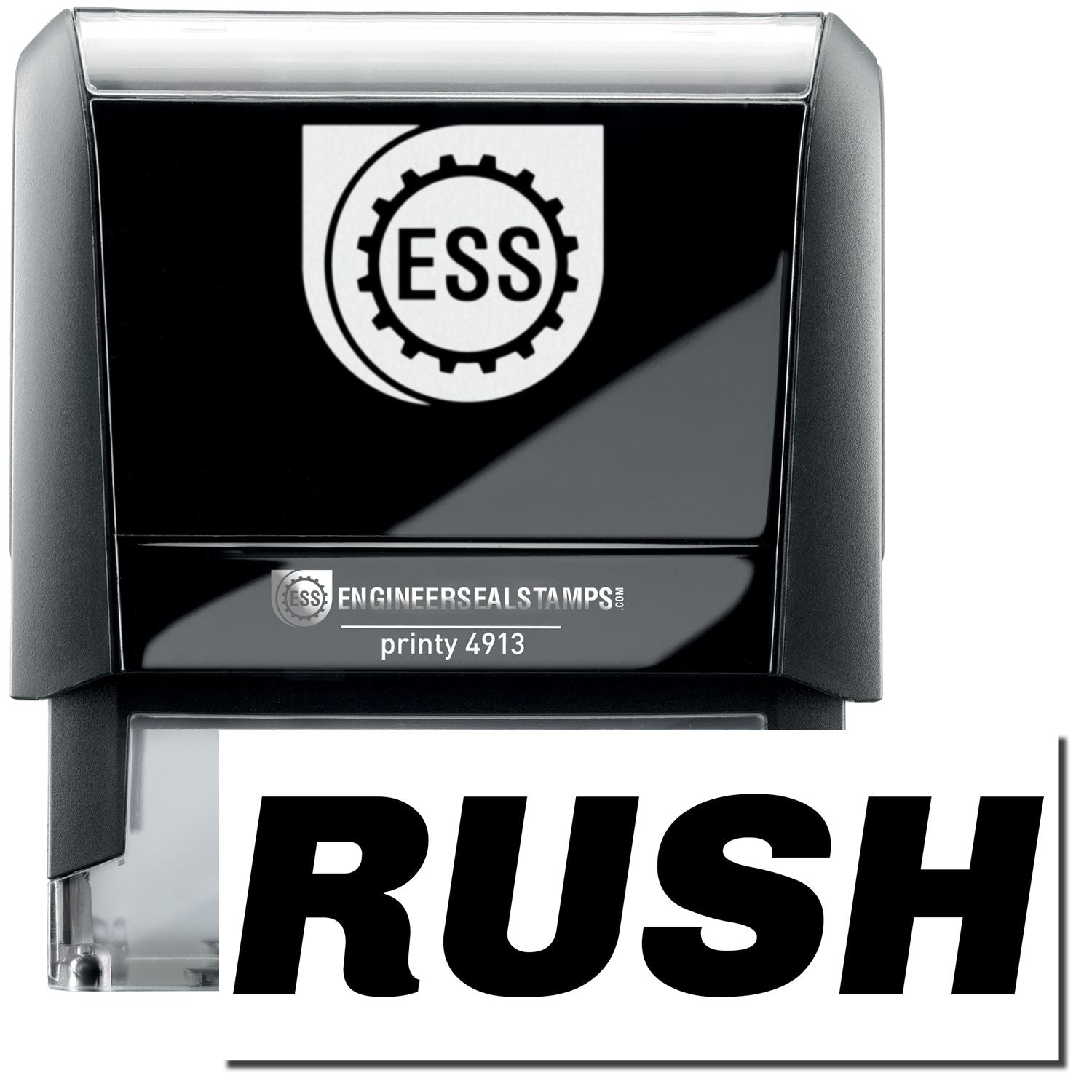 A self-inking stamp with a stamped image showing how the text "RUSH" in a large Italic font is displayed by it after stamping.