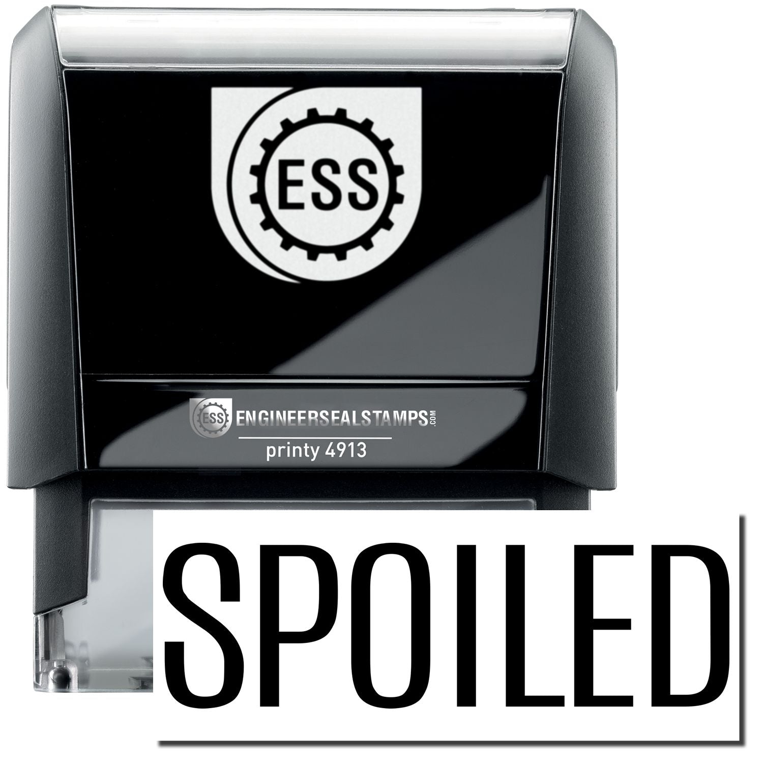 A self-inking stamp with a stamped image showing how the text SPOILED in a large font is displayed by it after stamping.