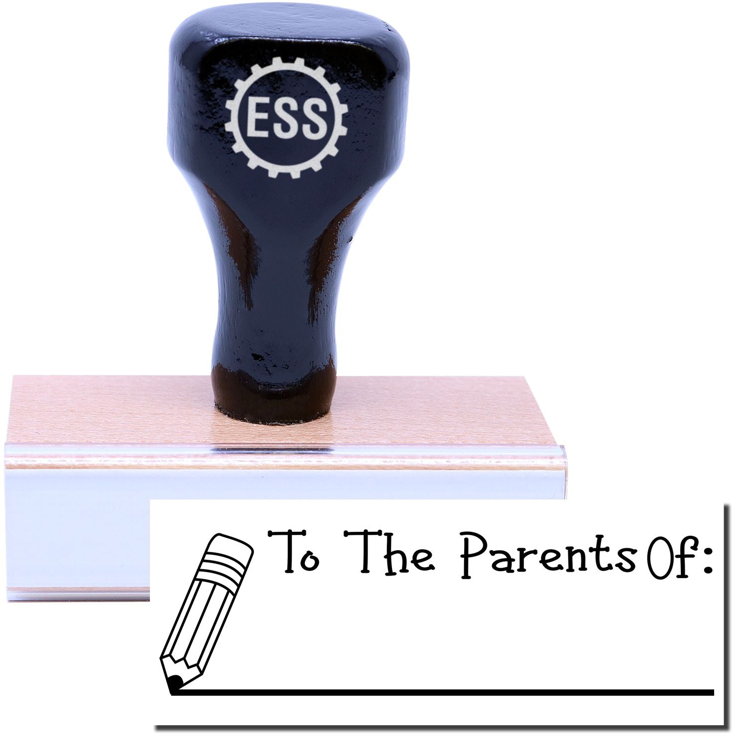 A stock office rubber stamp with a stamped image showing how the text To The Parents Of: in a large font with an image of a pencil next to the line is displayed after stamping.