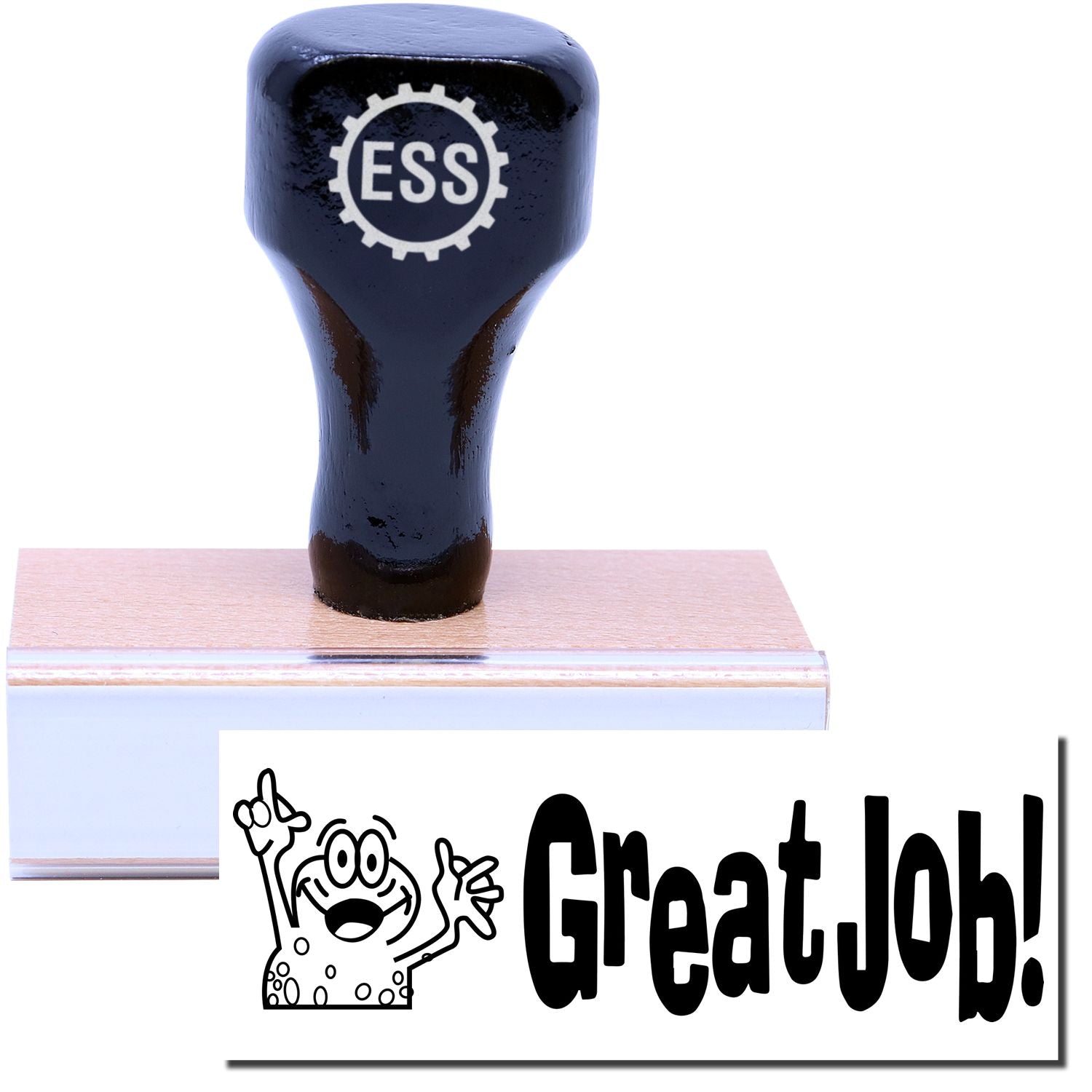 A stock office rubber stamp with a stamped image showing how the text Great Job! in a large font with an image of a frog with its hand up in the air is displayed after stamping.