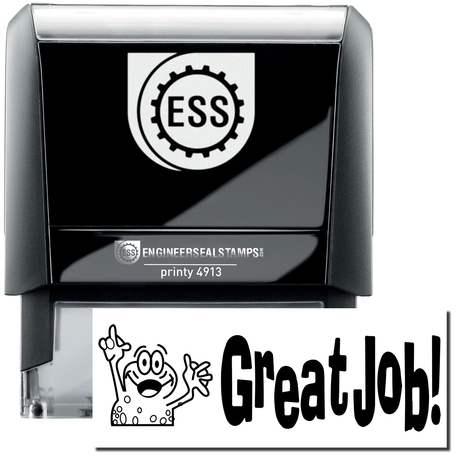 A self-inking stamp with a stamped image showing how the text Great Job! in a large font with an image of a frog (on the left side of the text whose hands are up in the air) is displayed by it after stamping.