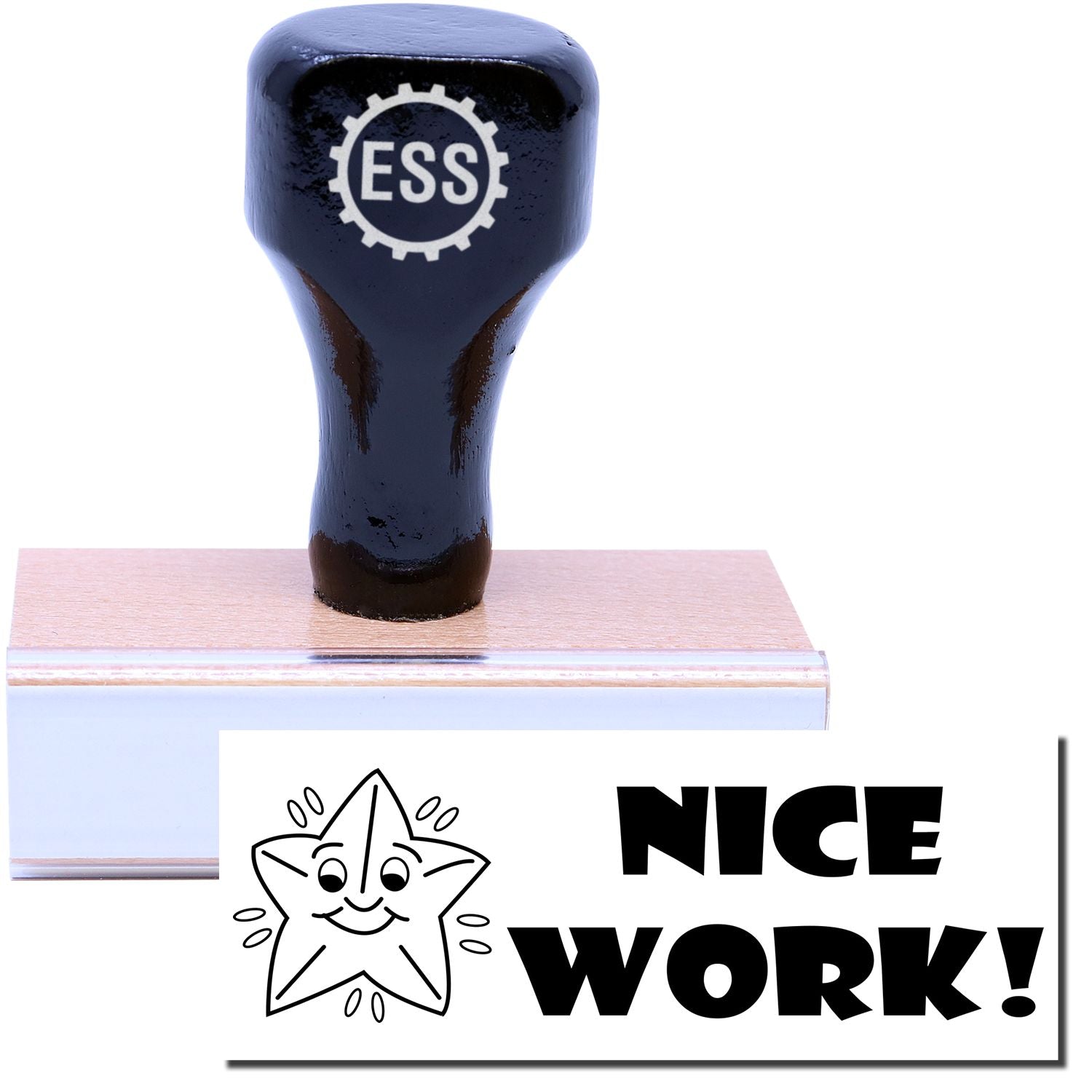 A stock office rubber stamp with a stamped image showing how the text "NICE WORK!" in a large bold font with an image of a smiling starfish on the left side is displayed after stamping.