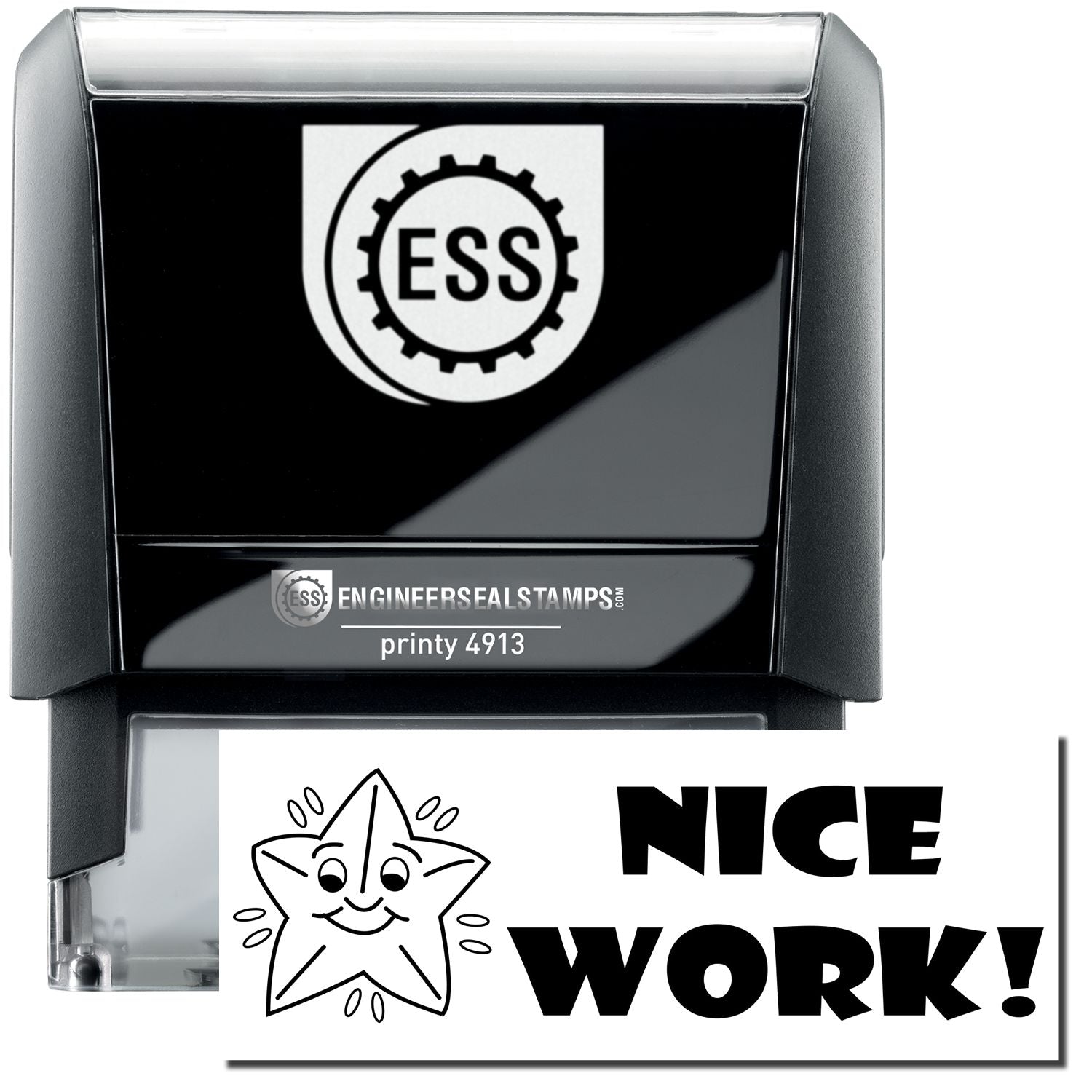 A self-inking stamp with a stamped image showing how the text NICE WORK! in a large unique bold font with an image of a smiling starfish on the left side is displayed after stamping.