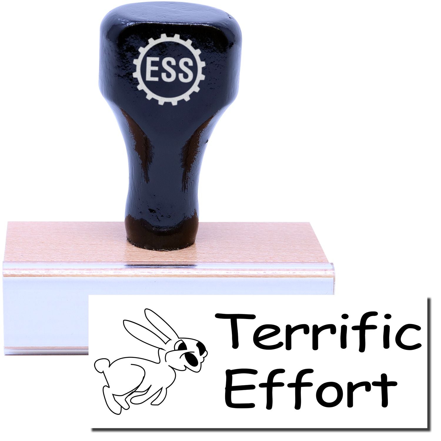 A stock office rubber stamp with a stamped image showing how the text "Terrific Effort" in a large font with an image of a hopping rabbit on the left side is displayed after stamping.