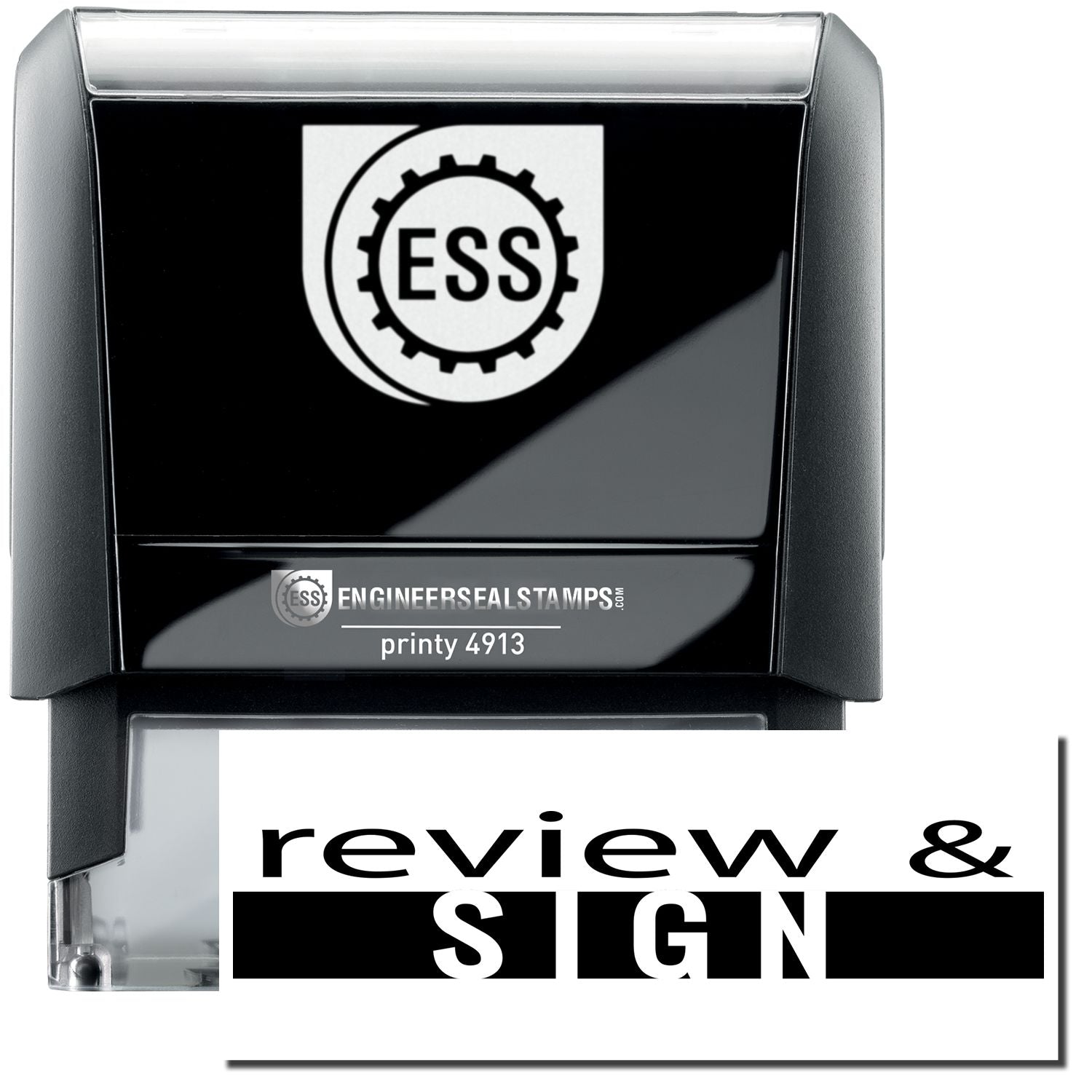 A self-inking stamp with a stamped image showing how the text review & SIGN (The word SIGN written inside the black box) in a large font is displayed by it after stamping.