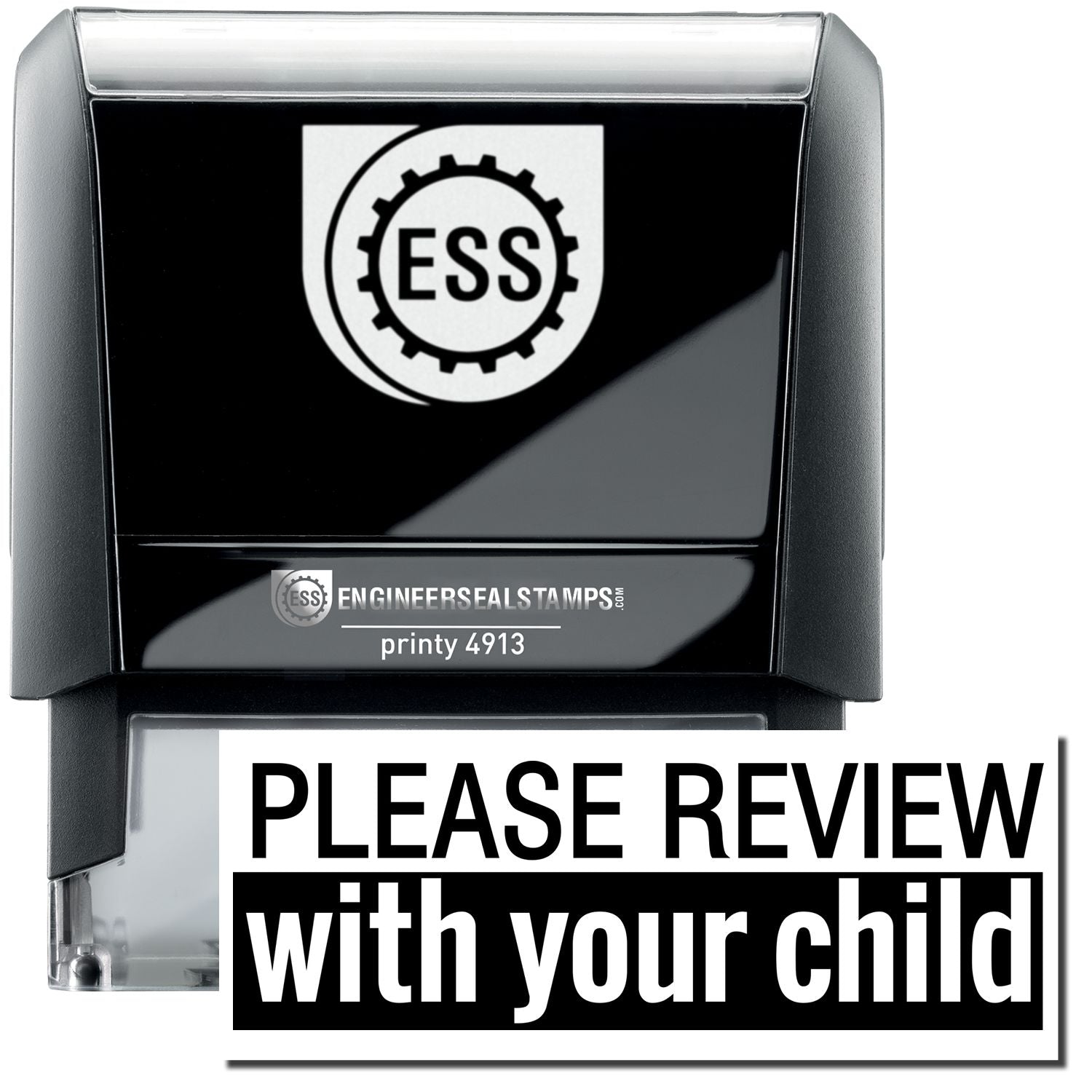 A self-inking stamp with a stamped image showing how the text PLEASE REVIEW with your child (The text with your child is written inside the black box) in a large font is displayed by it after stamping.