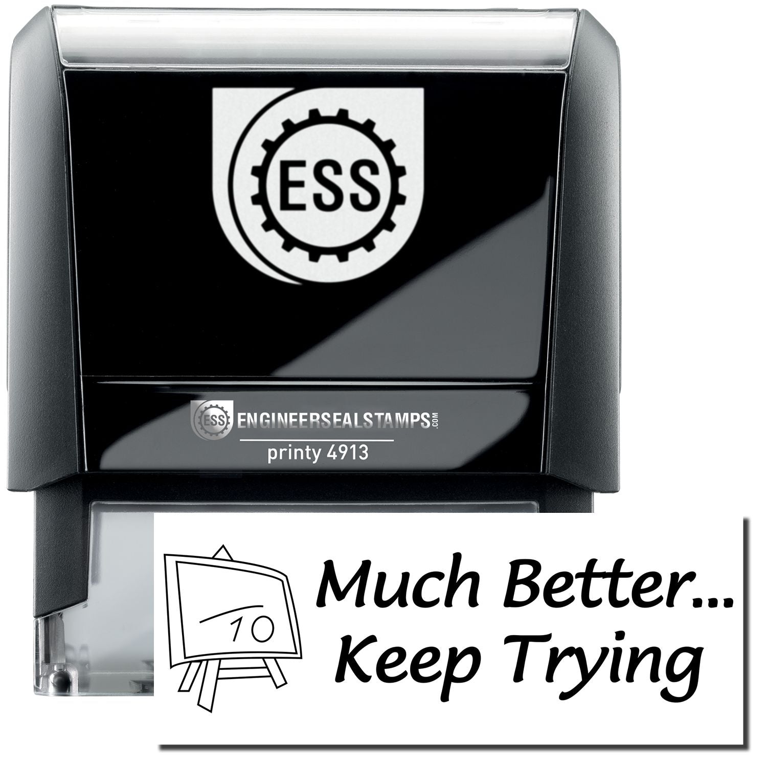 A self-inking stamp with a stamped image showing how the text Much Better... Keep Trying in a large font (also has an image on the left showing a blackboard with a line over the number 10) is displayed by it after stamping.