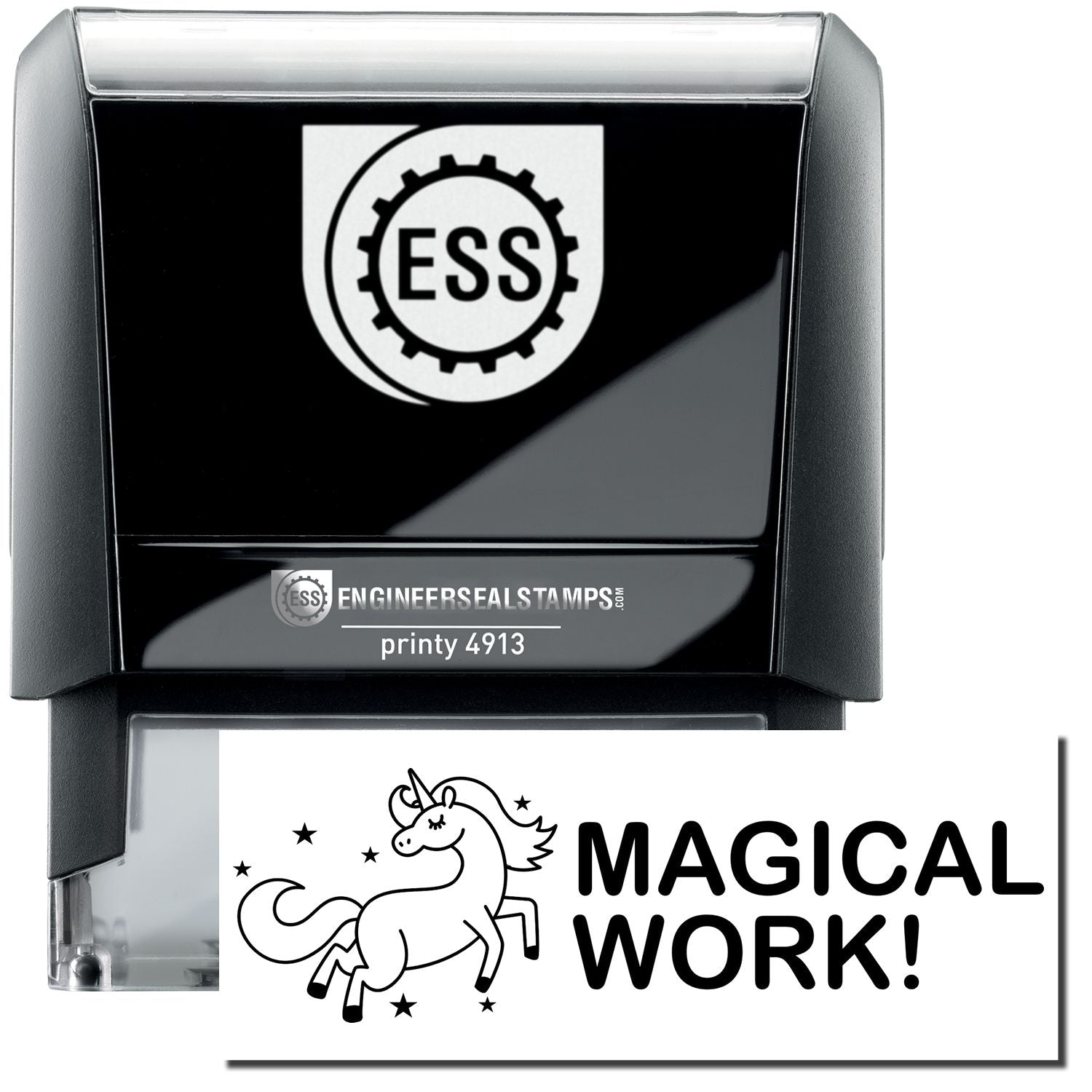 A self-inking stamp with a stamped image showing how the text MAGICAL WORK! in a large font with a unicorn dancing among the stars on the left side is displayed by it after stamping.