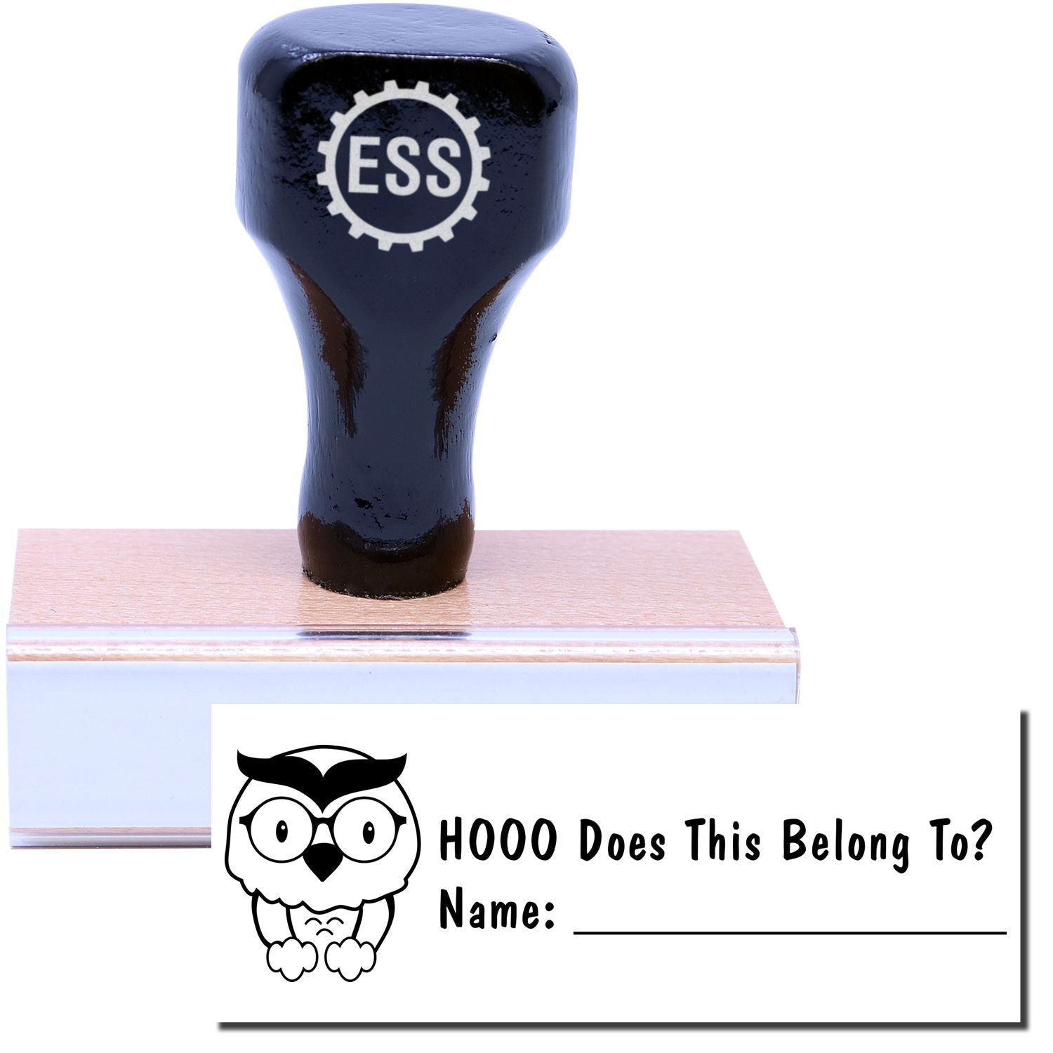 A stock office rubber stamp with a stamped image showing how the text HOOO Does This Belong To? with an image of an owl (It has a second line that reads Name: and leaves a space) is displayed after stamping.