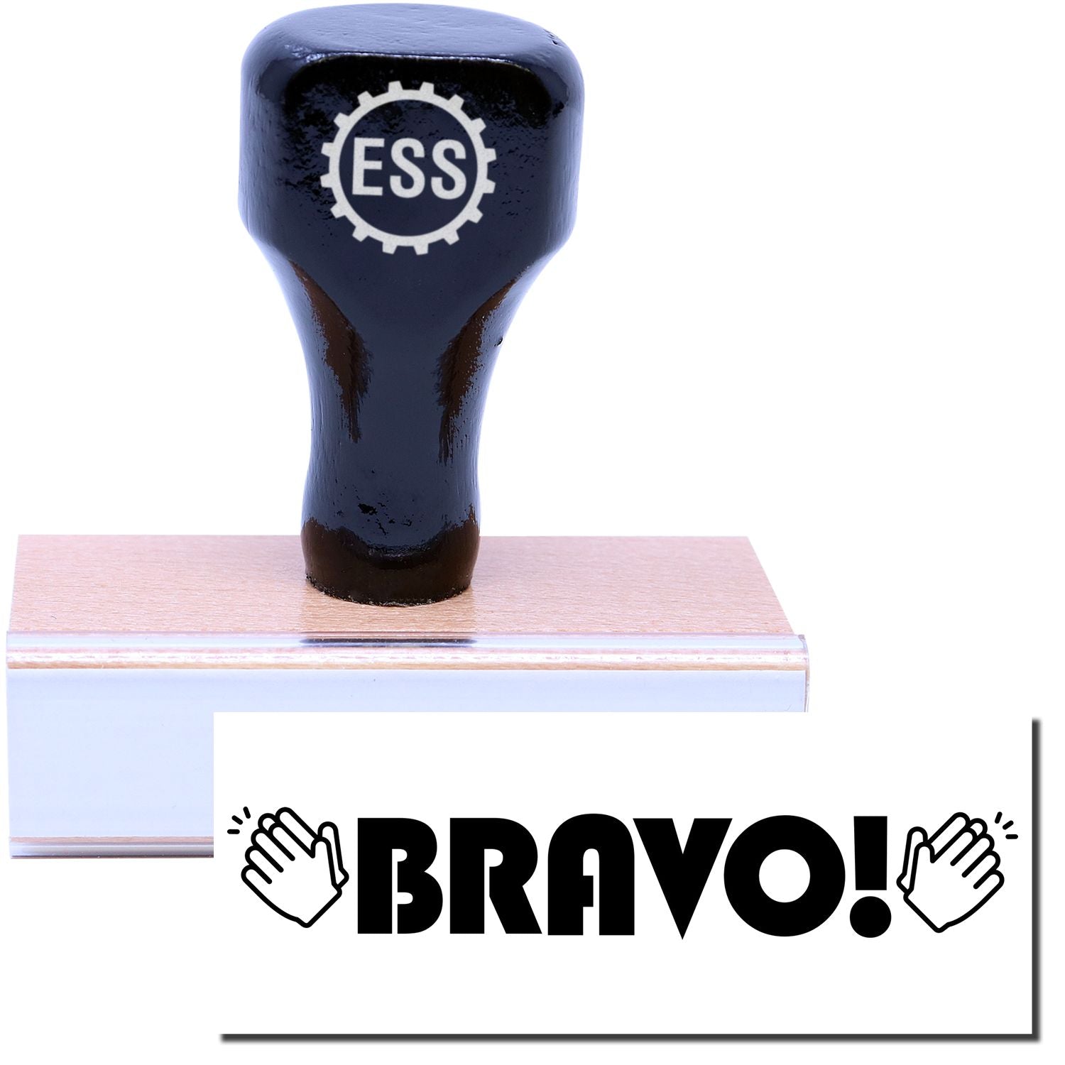 A stock office rubber stamp with a stamped image showing how the text BRAVO! in a large font with clapping hands on either side of the text is displayed after stamping.