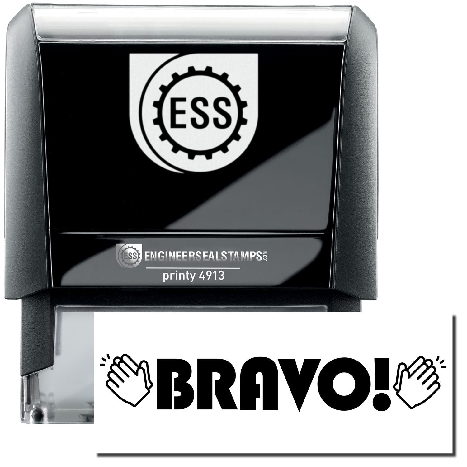 A self-inking stamp with a stamped image showing how the text BRAVO! in a large unique bold font with clapping Hands on both left and the right side of the text is displayed after stamping.