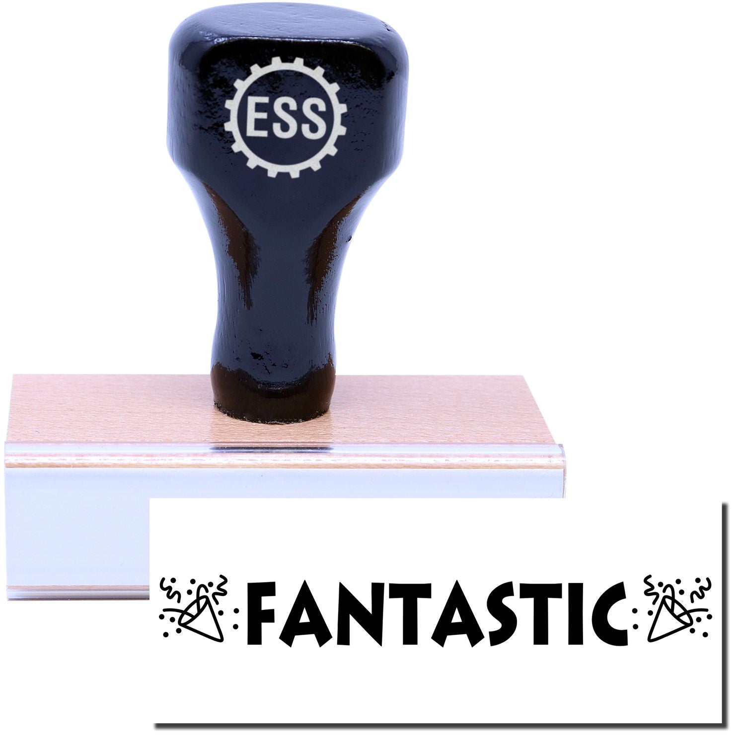 A stock office rubber stamp with a stamped image showing how the text FANTASTIC has jagged letters in a large bold font with images of noise blowers on each side is displayed after stamping.