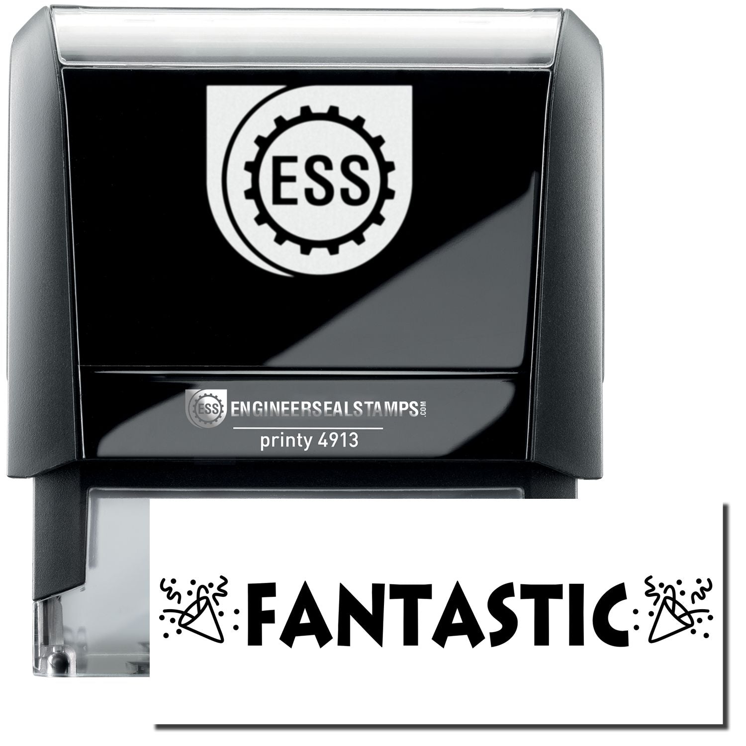 A self-inking stamp with a stamped image showing how the text FANTASTIC in large jagged letters (in bold font) and the image of noise blowers on each side is displayed after stamping.