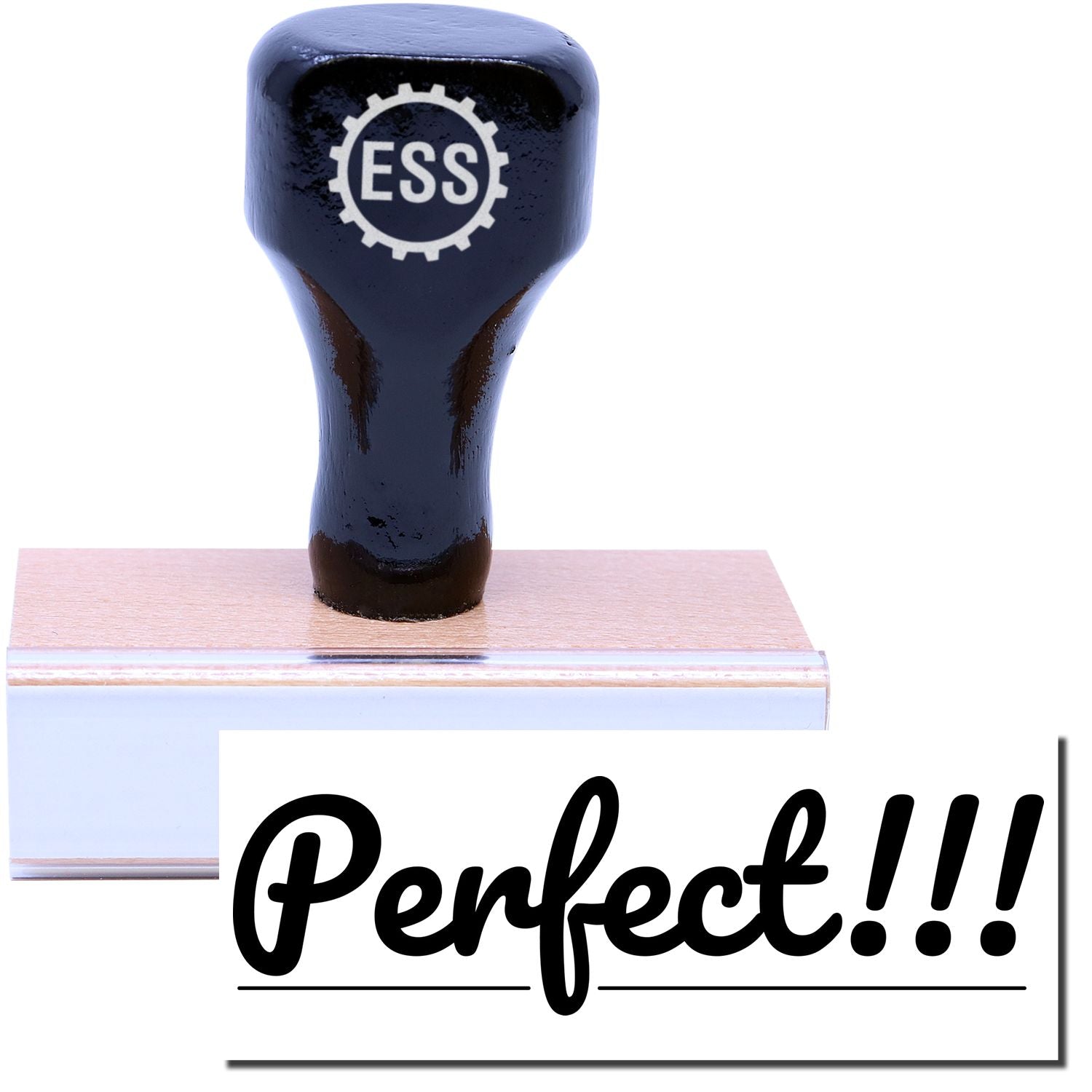 A stock office rubber stamp with a stamped image showing how the text Perfect!!! in a large cursive bold font with three exclamation signs at the end is displayed after stamping.