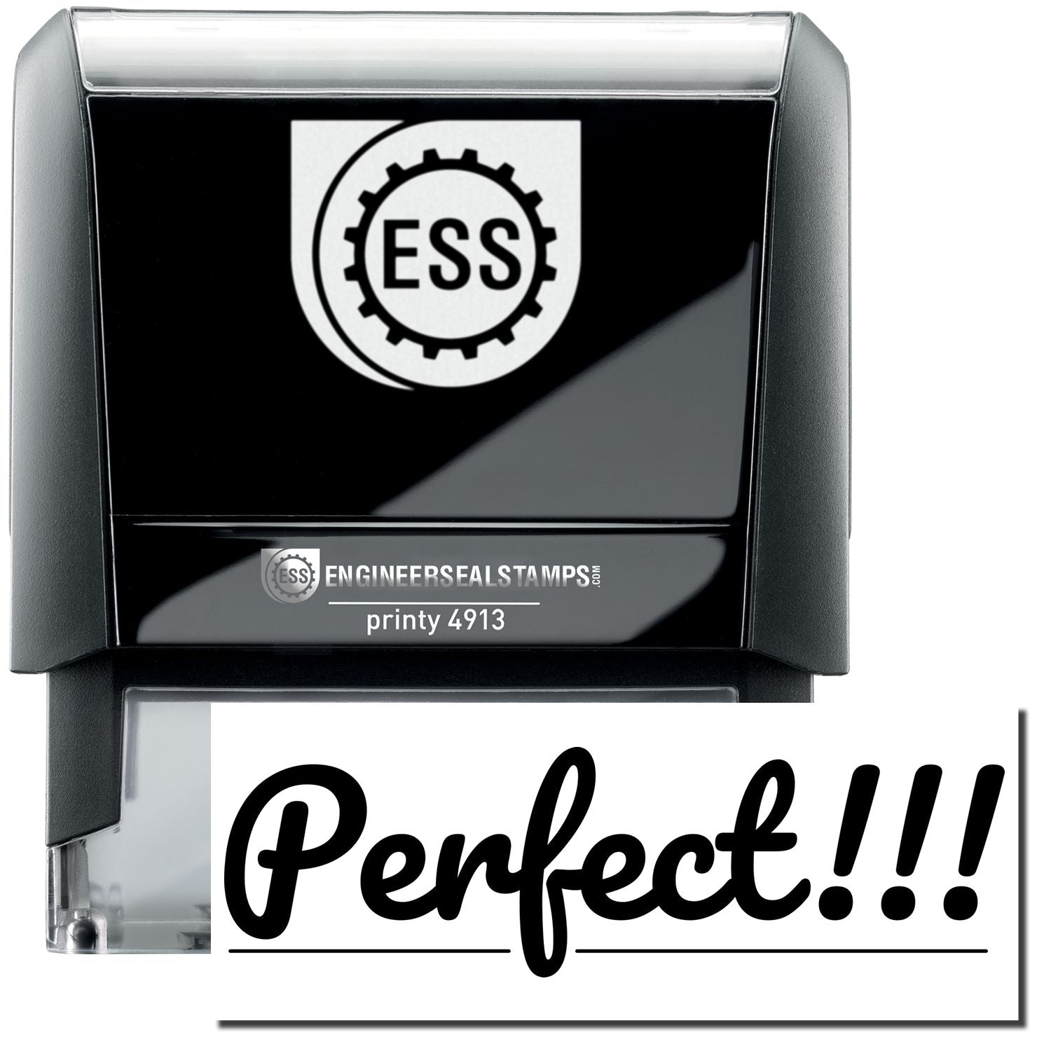 A self-inking stamp with a stamped image showing how the text Perfect!!! in a large cursive bold font and several exclamation points at the end with a line under the text is displayed after stamping.