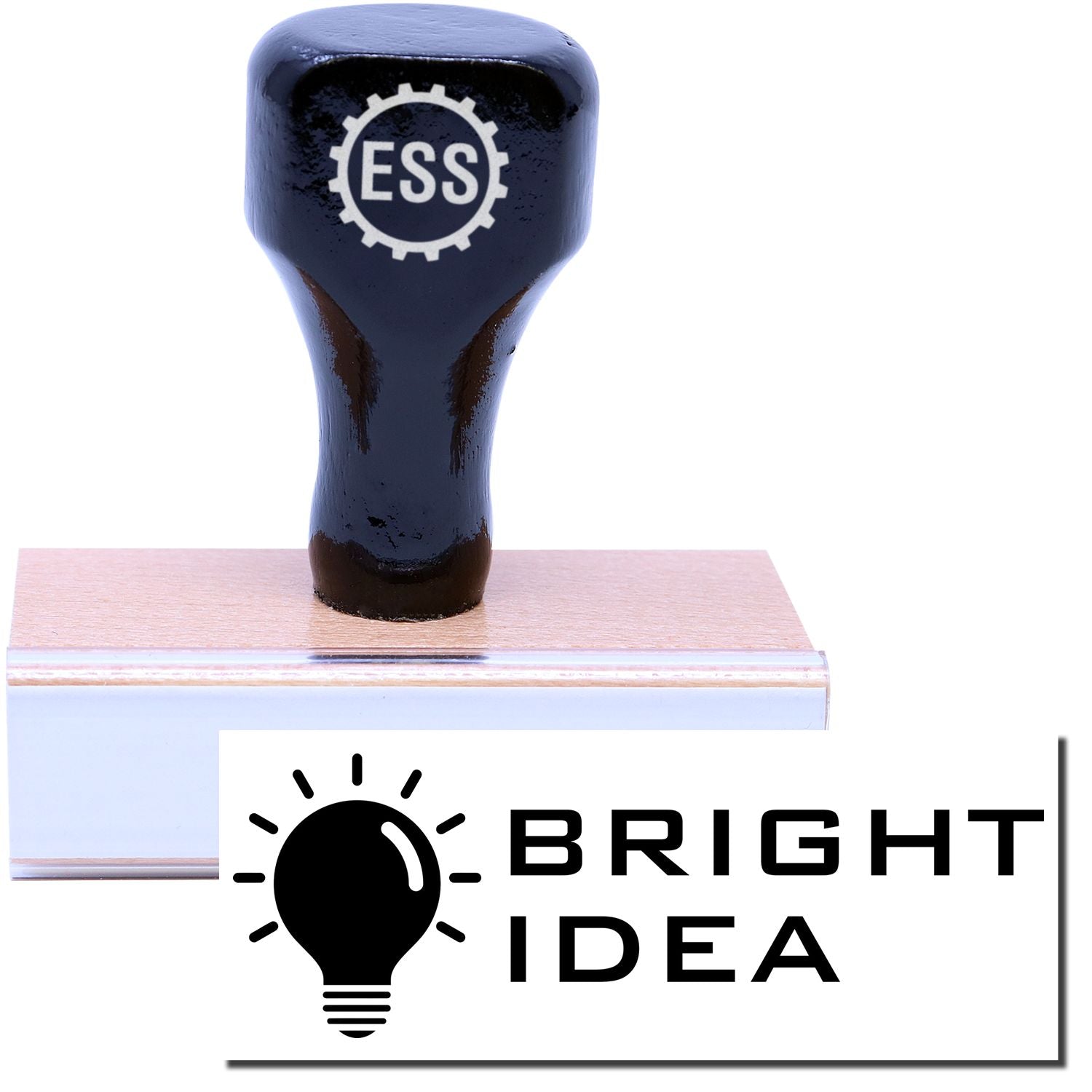 A stock office rubber stamp with a stamped image showing how the text BRIGHT IDEA in a large tech-style font with an image of a bright lightbulb is displayed after stamping.