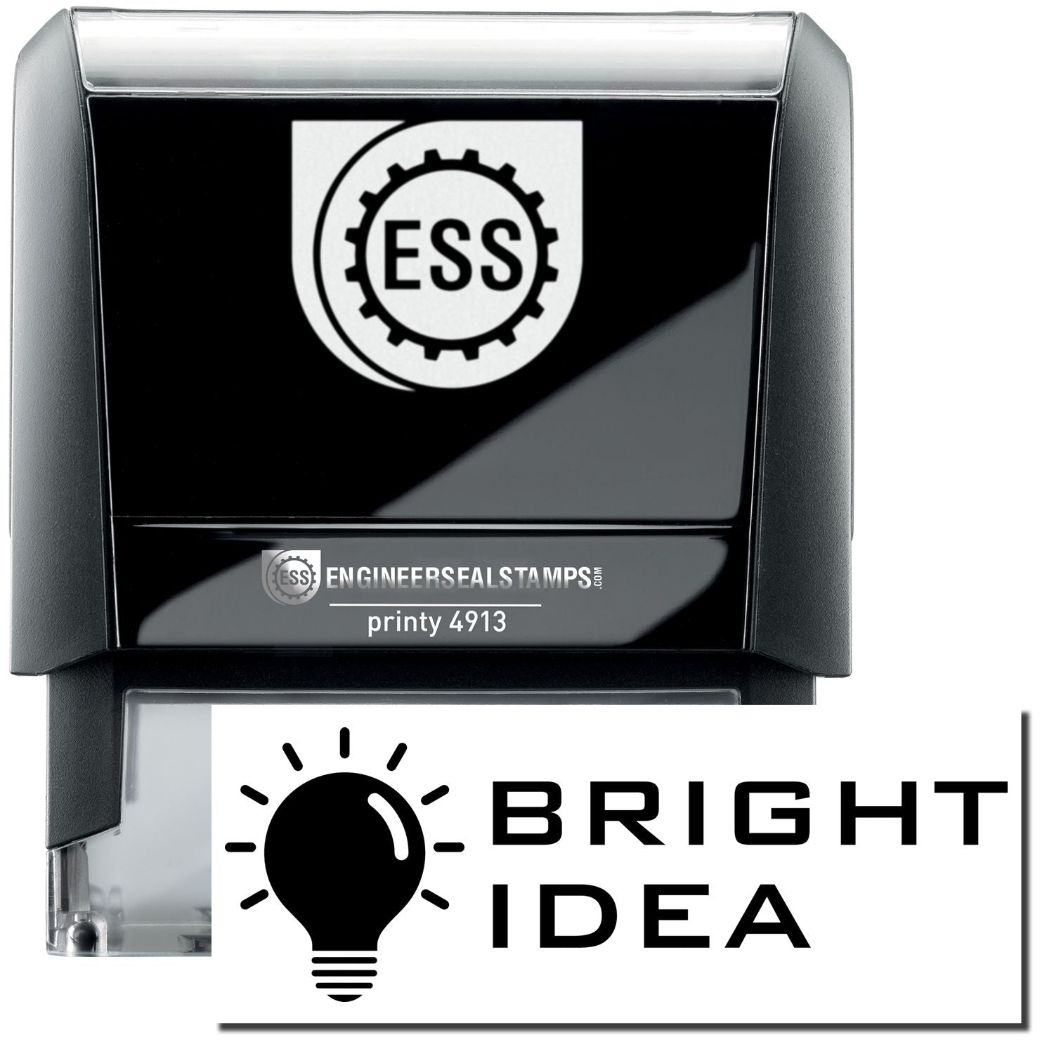 A self-inking stamp with a stamped image showing how the text BRIGHT IDEA in a tech-style font with an image of a bright lightbulb on the left side of the text is displayed after stamping.