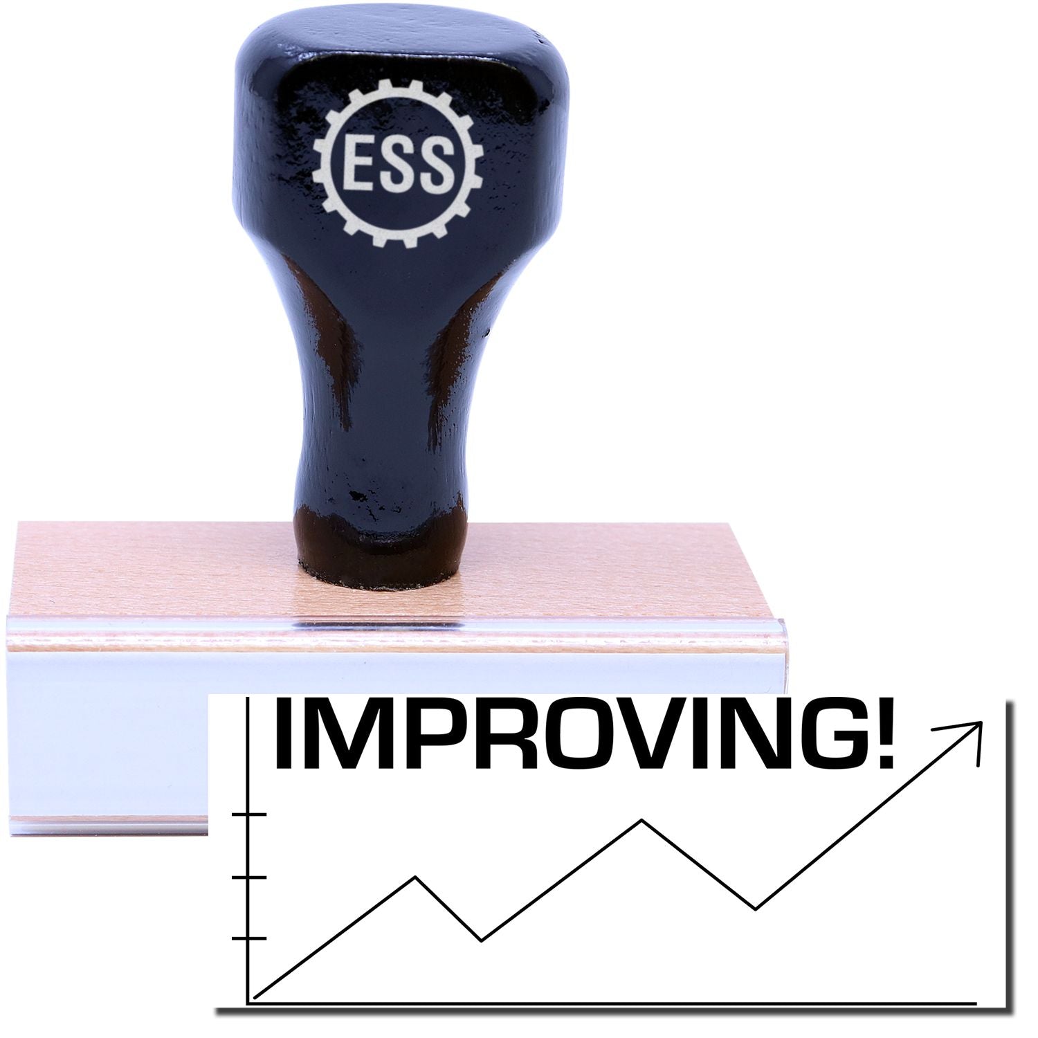 A stock office rubber stamp with a stamped image showing how the text IMPROVING! in a large font with an image of a chart below that shows an arrow moving up, down, and back up again is displayed after stamping.