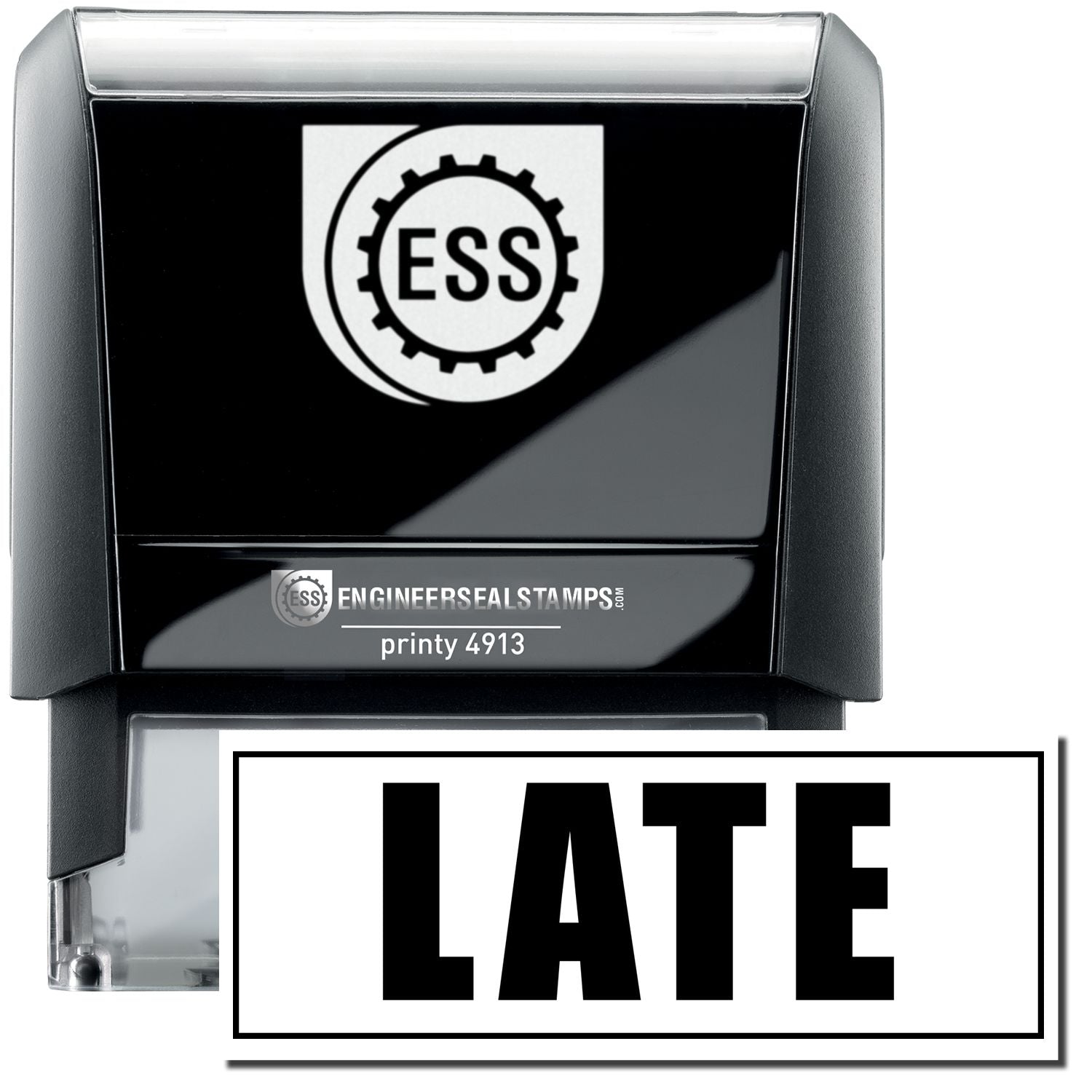 A self-inking stamp with a stamped image showing how the text LATE in a large bold font with an outline border is displayed after stamping.