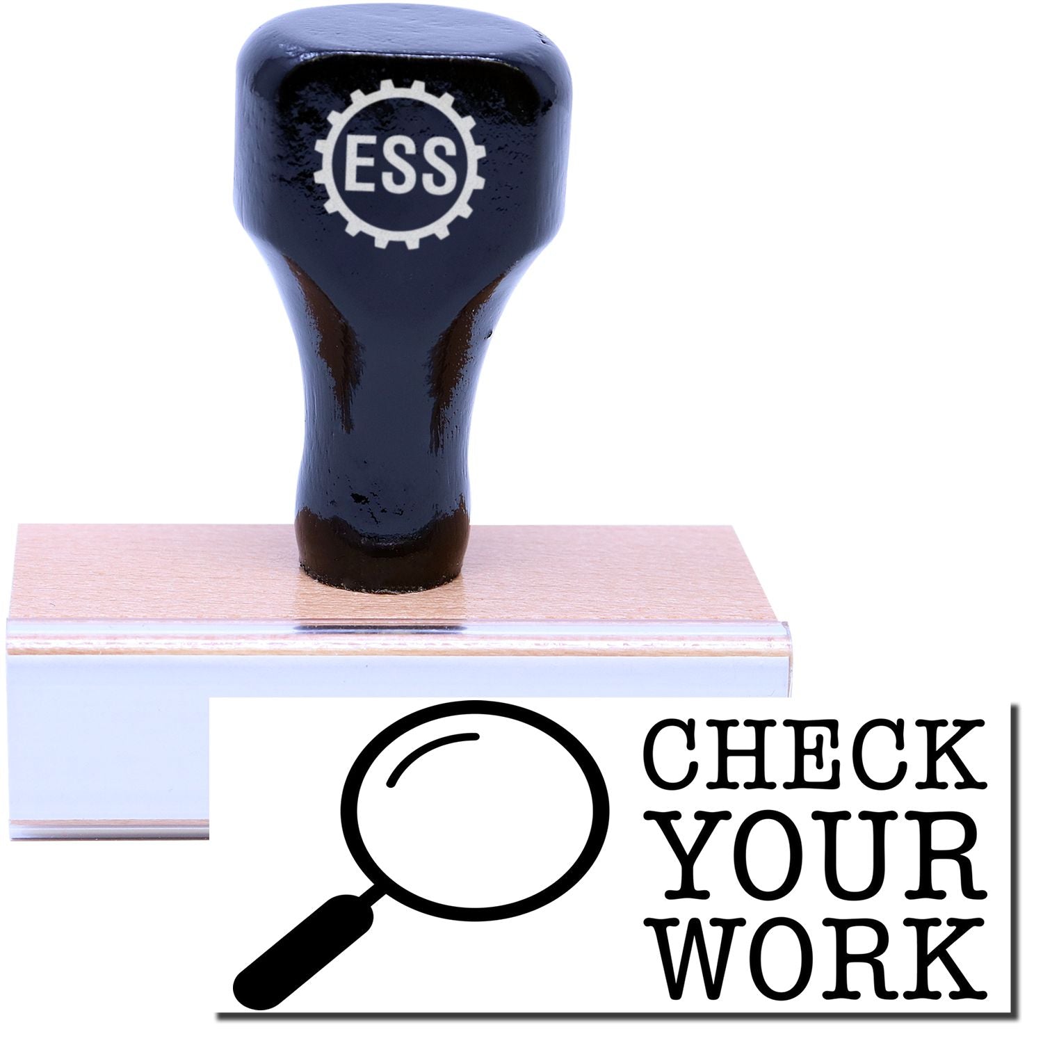 A stock office rubber stamp with a stamped image showing how the text CHECK YOUR WORK in a large font with a detective glass on the left side is displayed after stamping.