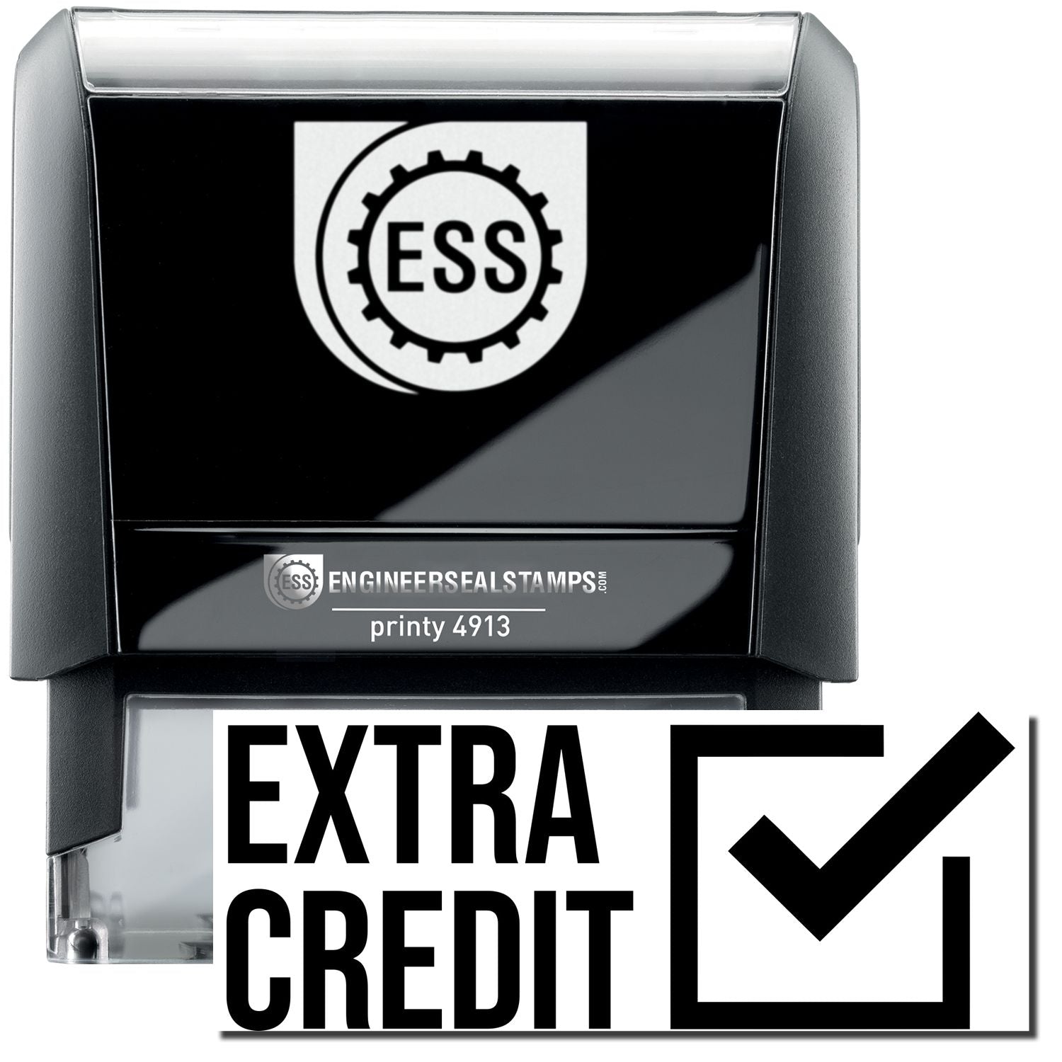 A self-inking stamp with a stamped image showing how the text EXTRA CREDIT (each word in vertical order) in a large font with a checked box on the right side is displayed after stamping.