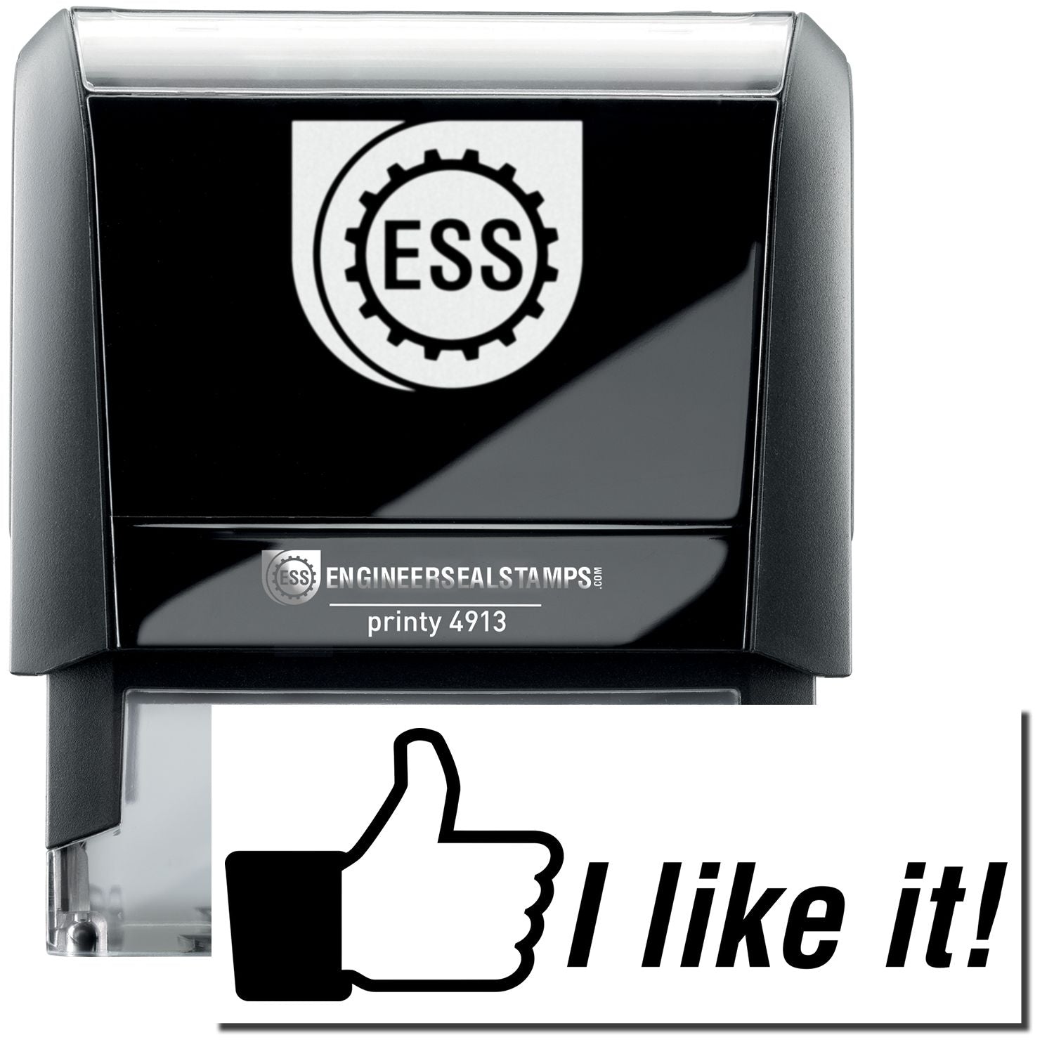 A self-inking stamp with a stamped image showing how the text I like it! in a large italic font with a thumbs-up icon on the left side is displayed after stamping.