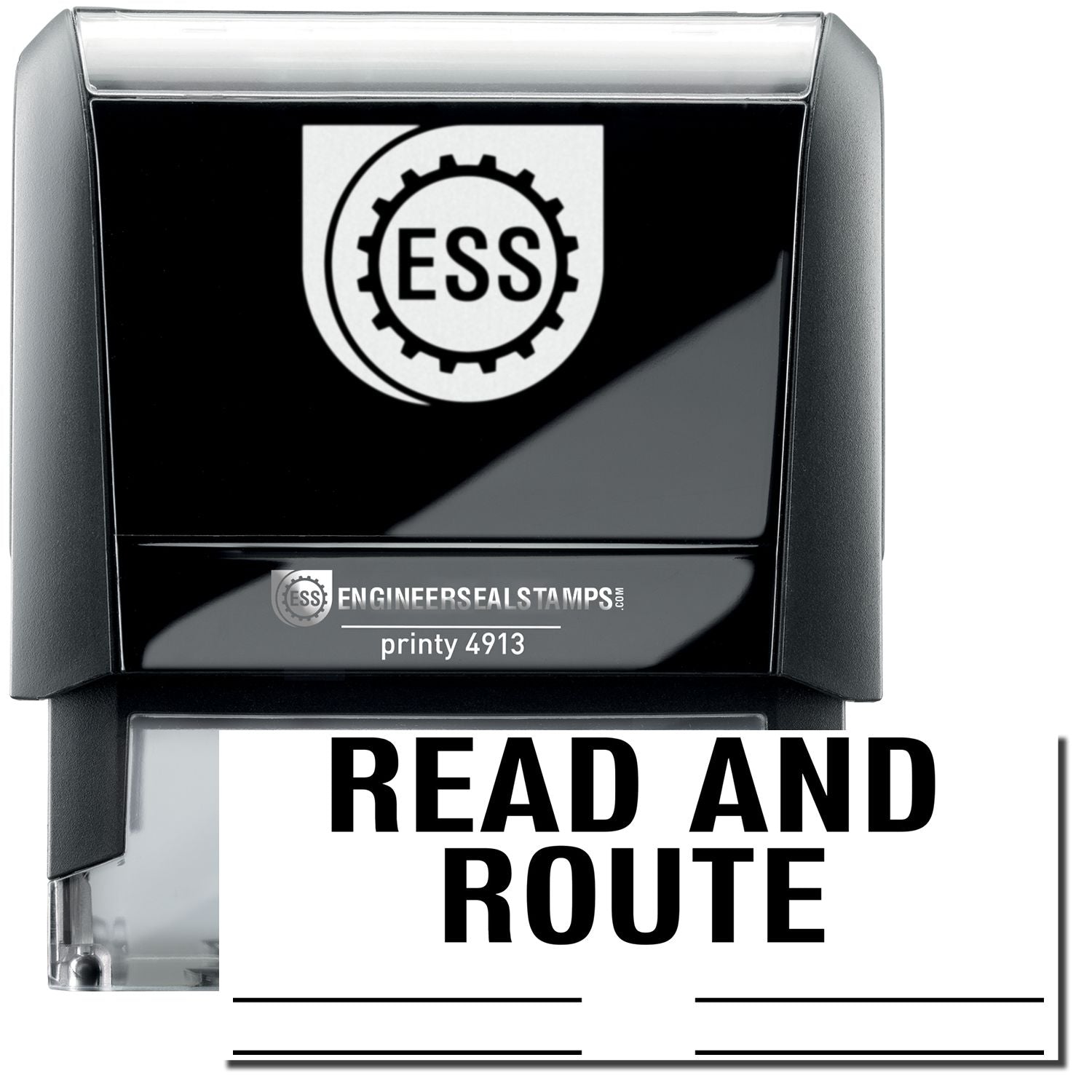 A self-inking stamp with a stamped image showing how the text READ AND ROUTE in a large font with Lines under it is displayed after stamping.