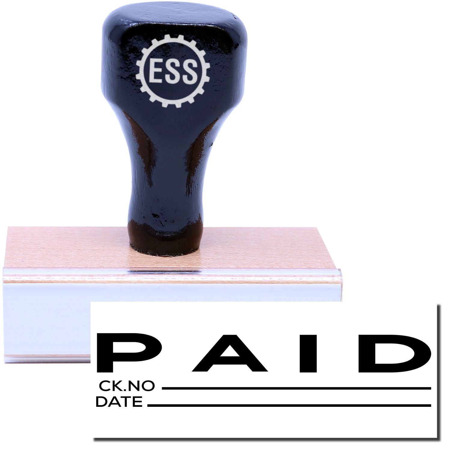 A stock office rubber stamp with a stamped image showing how the text "PAID" in a large font with space where you can write down both the check number and the date is displayed after stamping.