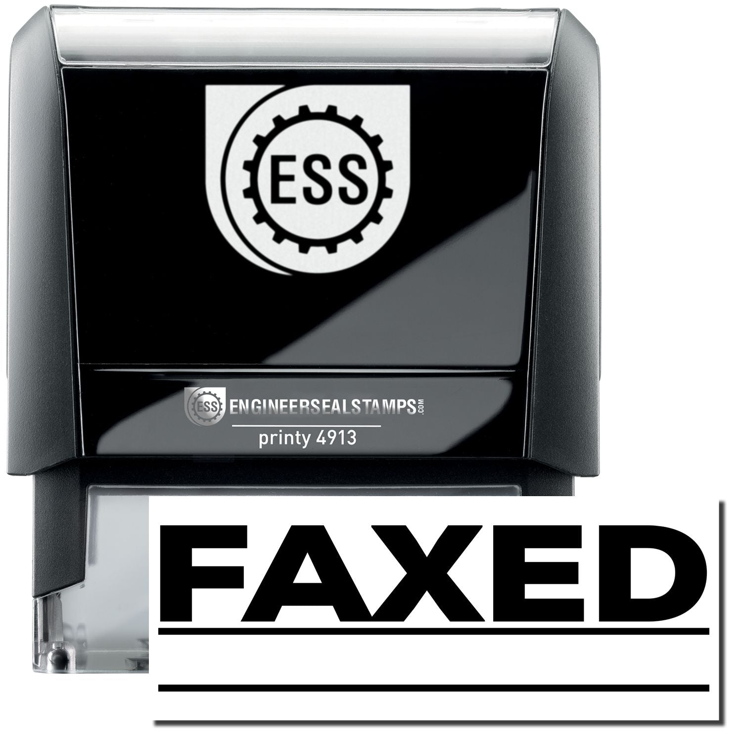 A self-inking stamp with a stamped image showing how the text FAXED in a large font with two lines underneath is displayed by it after stamping.