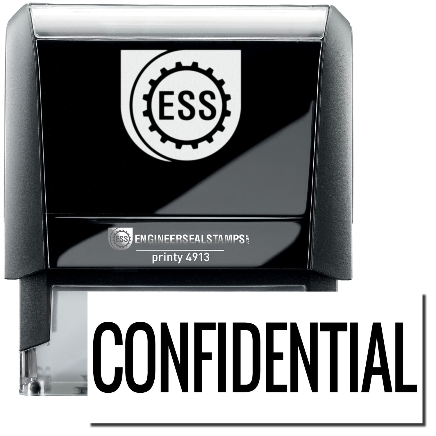 A self-inking stamp with a stamped image showing how the text CONFIDENTIAL in a large narrow font is displayed after stamping.