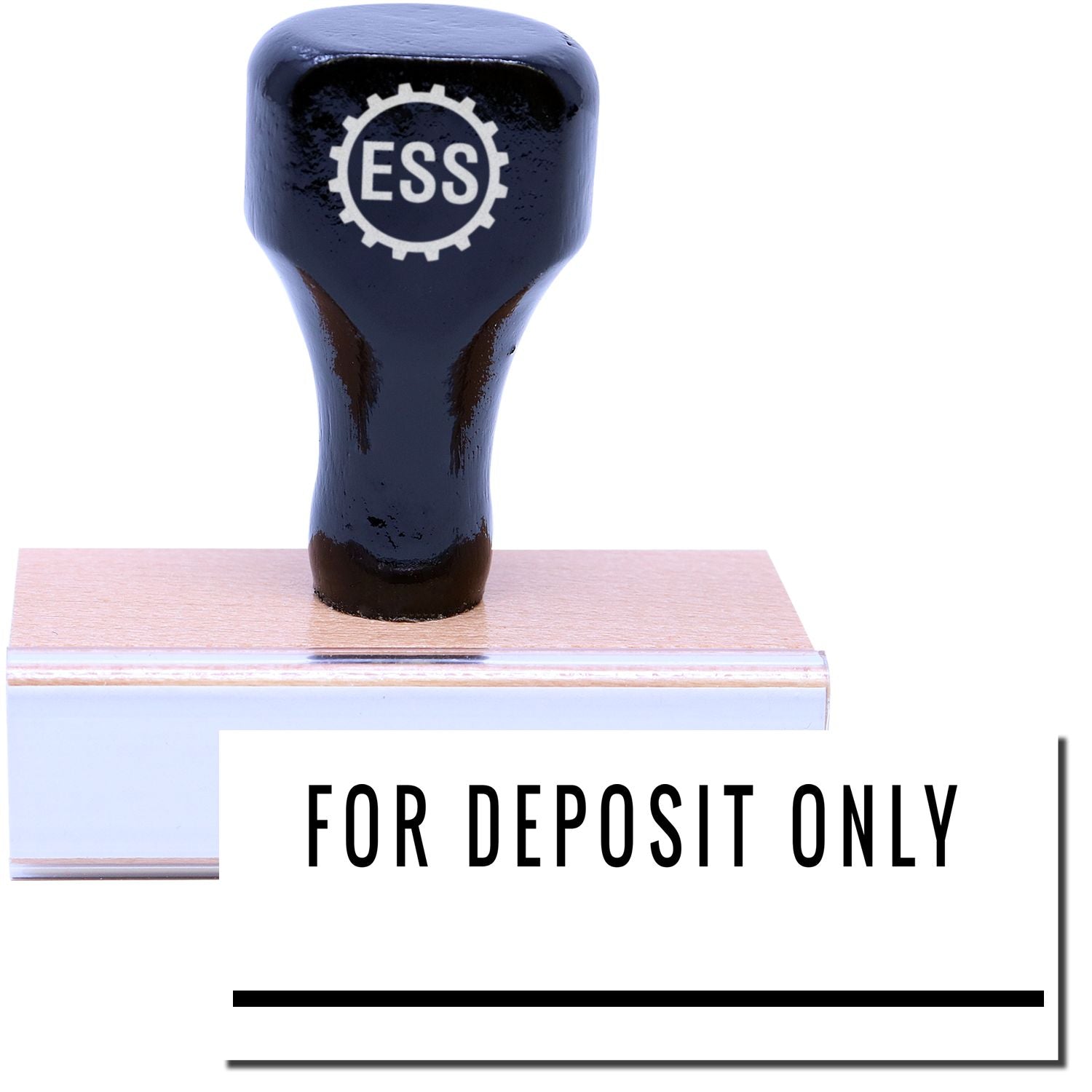 A stock office rubber stamp with a stamped image showing how the text FOR DEPOSIT ONLY in a large font with a line underneath the text is displayed after stamping.