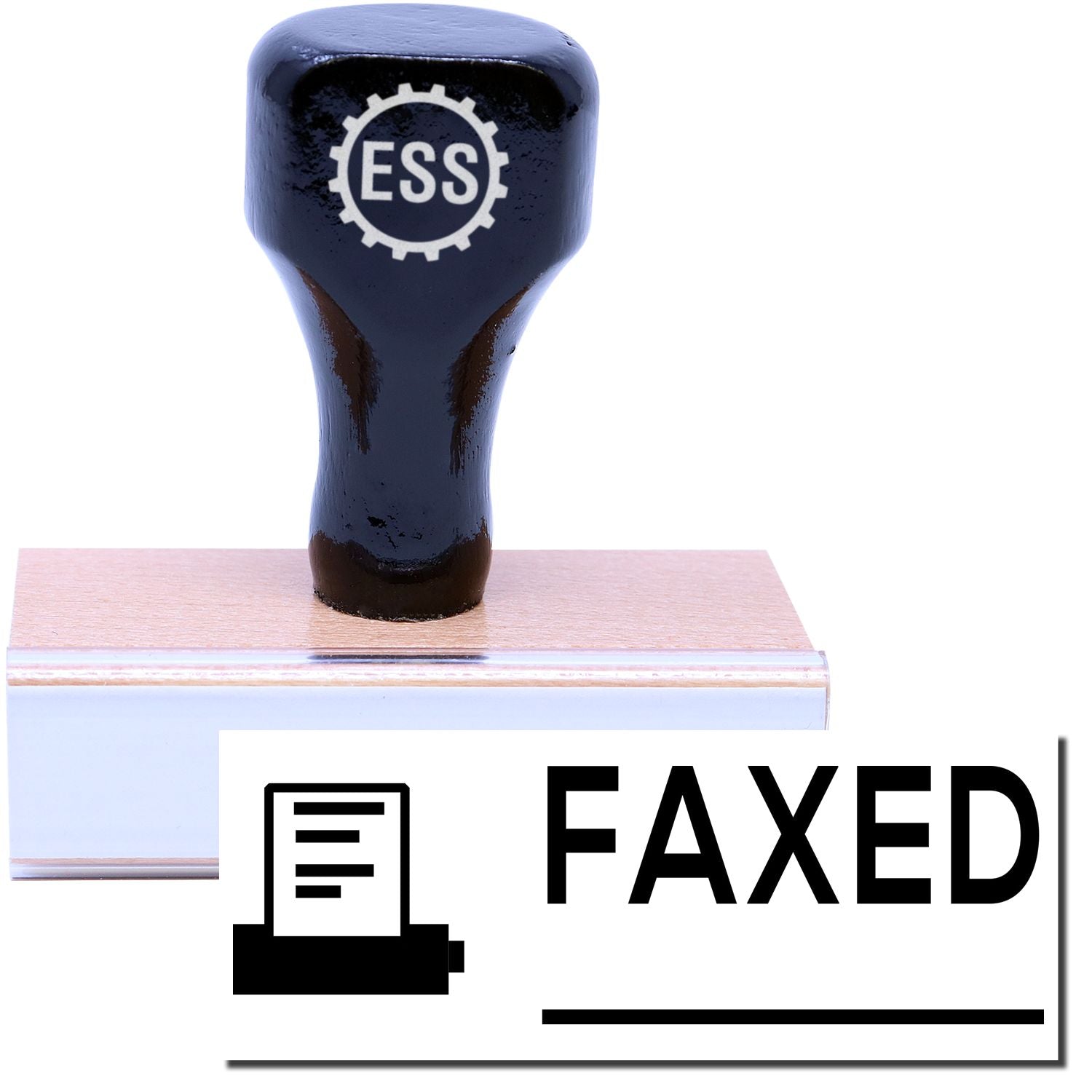 A stock office rubber stamp with a stamped image showing how the text FAXED in a large font with a line underneath the text and a small image of a fax machine on the left side is displayed after stamping.