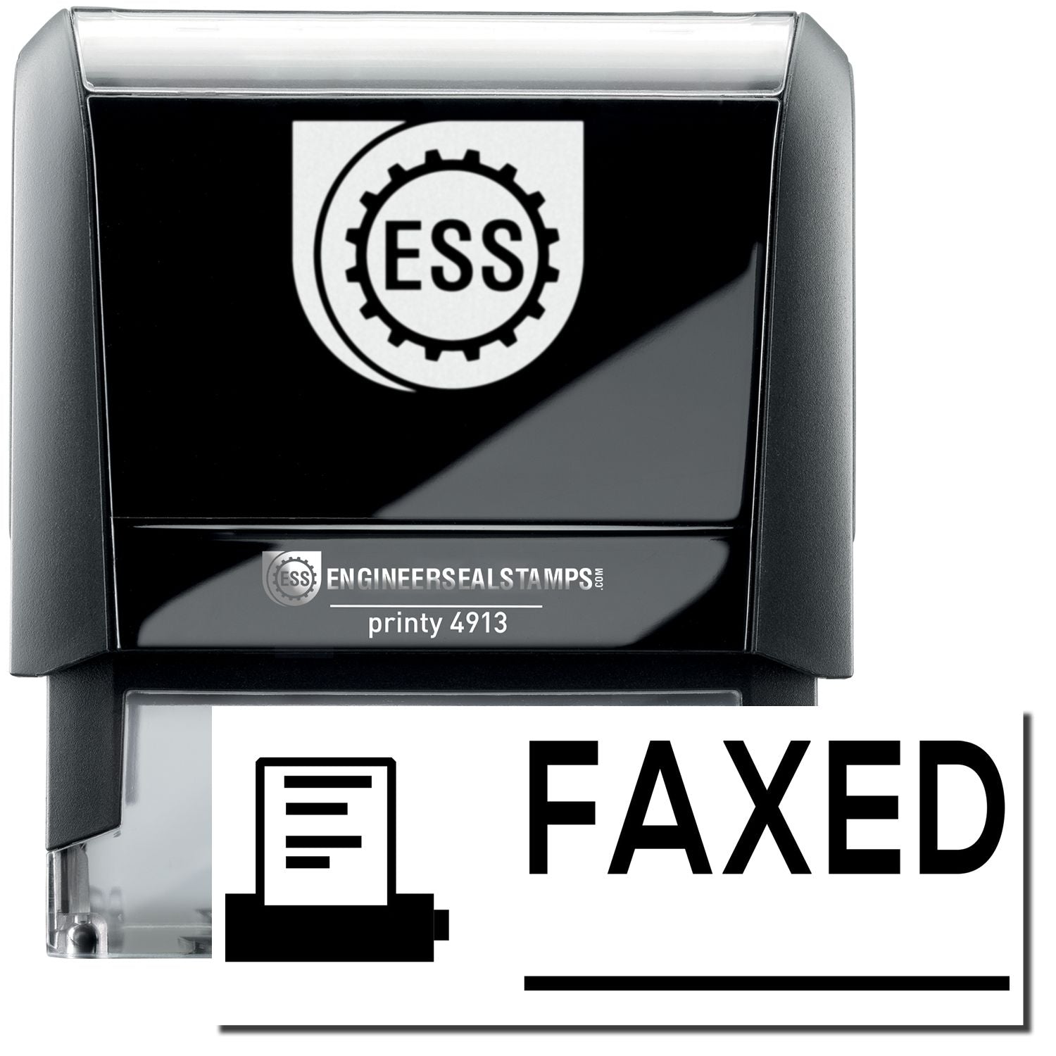 A self-inking stamp with a stamped image showing how the text FAXED in a large font with a line underneath and a small image of a fax machine on the left side is displayed after stamping.