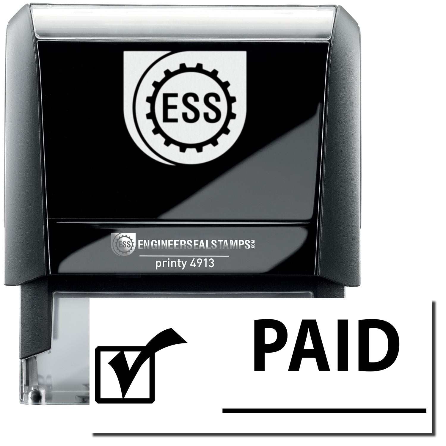 A self-inking stamp with a stamped image showing how the text PAID in a large font with a checkmark icon on the left and a broad line on the right under the text is displayed after stamping.