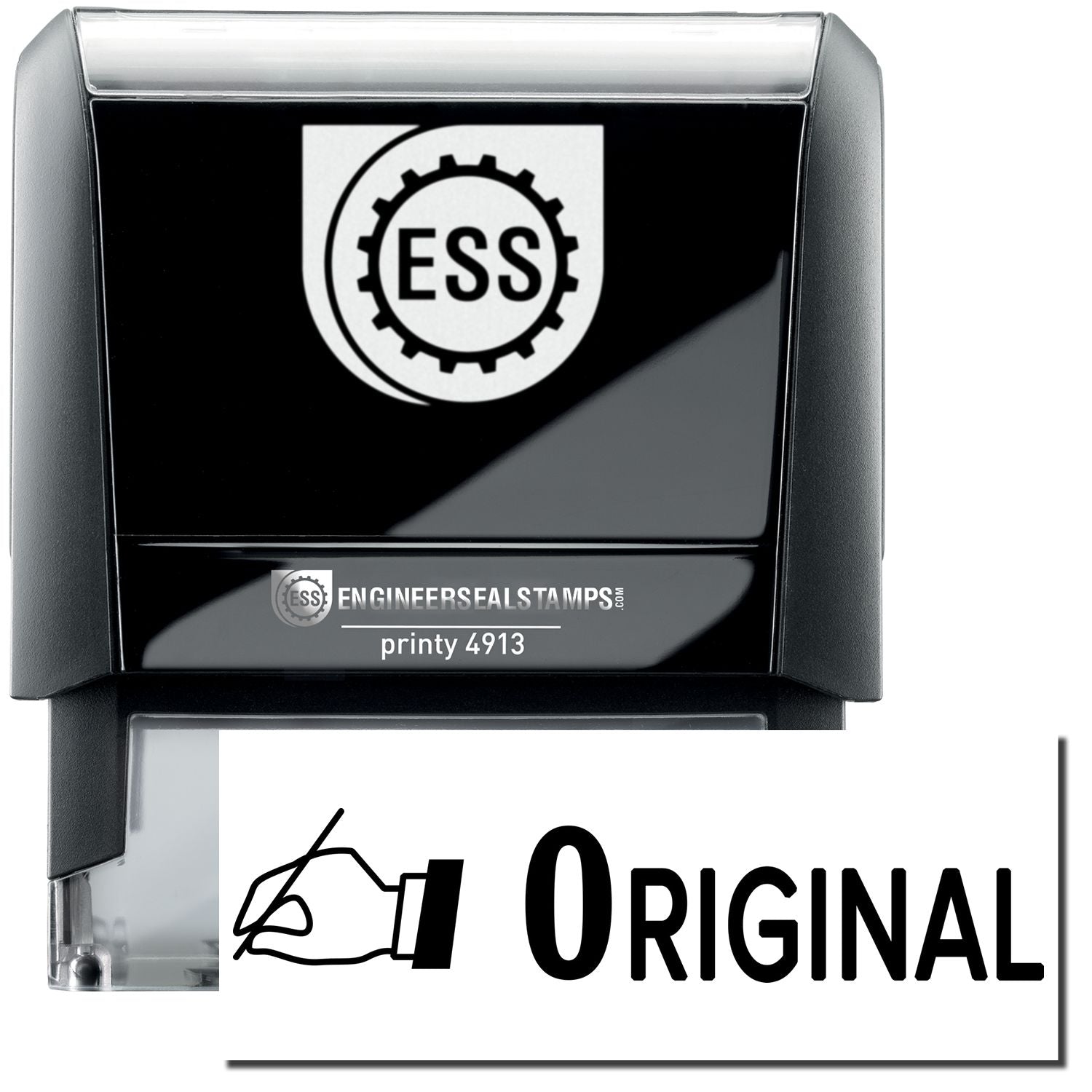 A self-inking stamp with a stamped image showing how the text ORIGINAL in a large bold font with a small icon of a hand holding a pen on the left side is displayed after stamping.